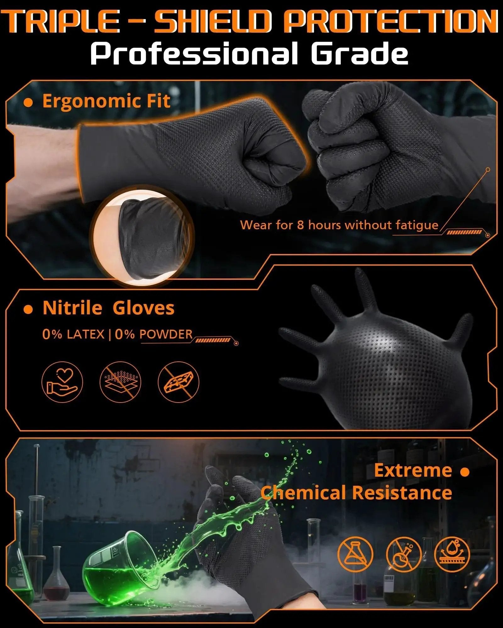 Heavy Duty Nitrile Gloves 9 Mil Diamond Texture Black Large Pack 800 Pcs showcasing ergonomic fit and chemical resistance