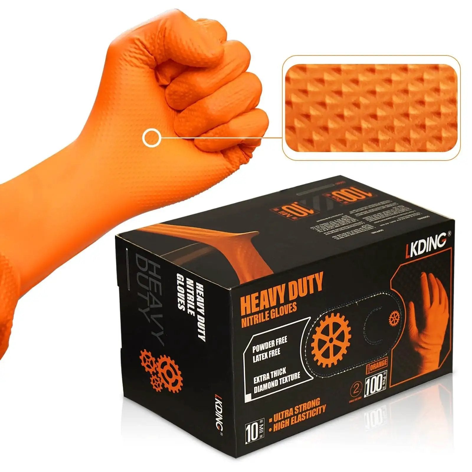 Heavy Duty Nitrile Gloves Diamond Texture Grip Powder Free Latex Free 100 Count box with glove and close-up texture view