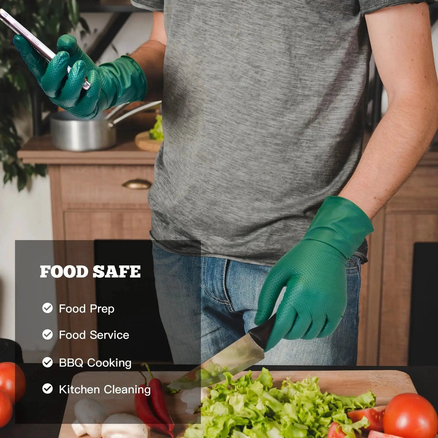 Person wearing Heavy Duty Nitrile Gloves 6 Mil Dark Green Diamond Texture while preparing food in a kitchen.