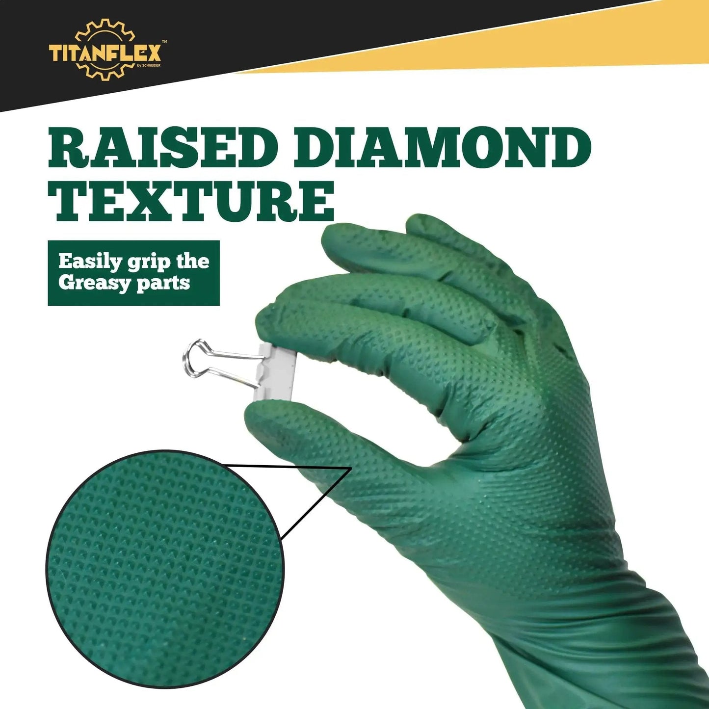 Heavy Duty Nitrile Gloves 6 Mil Dark Green Diamond Texture Mechanic Latex Free hand holding a clip
