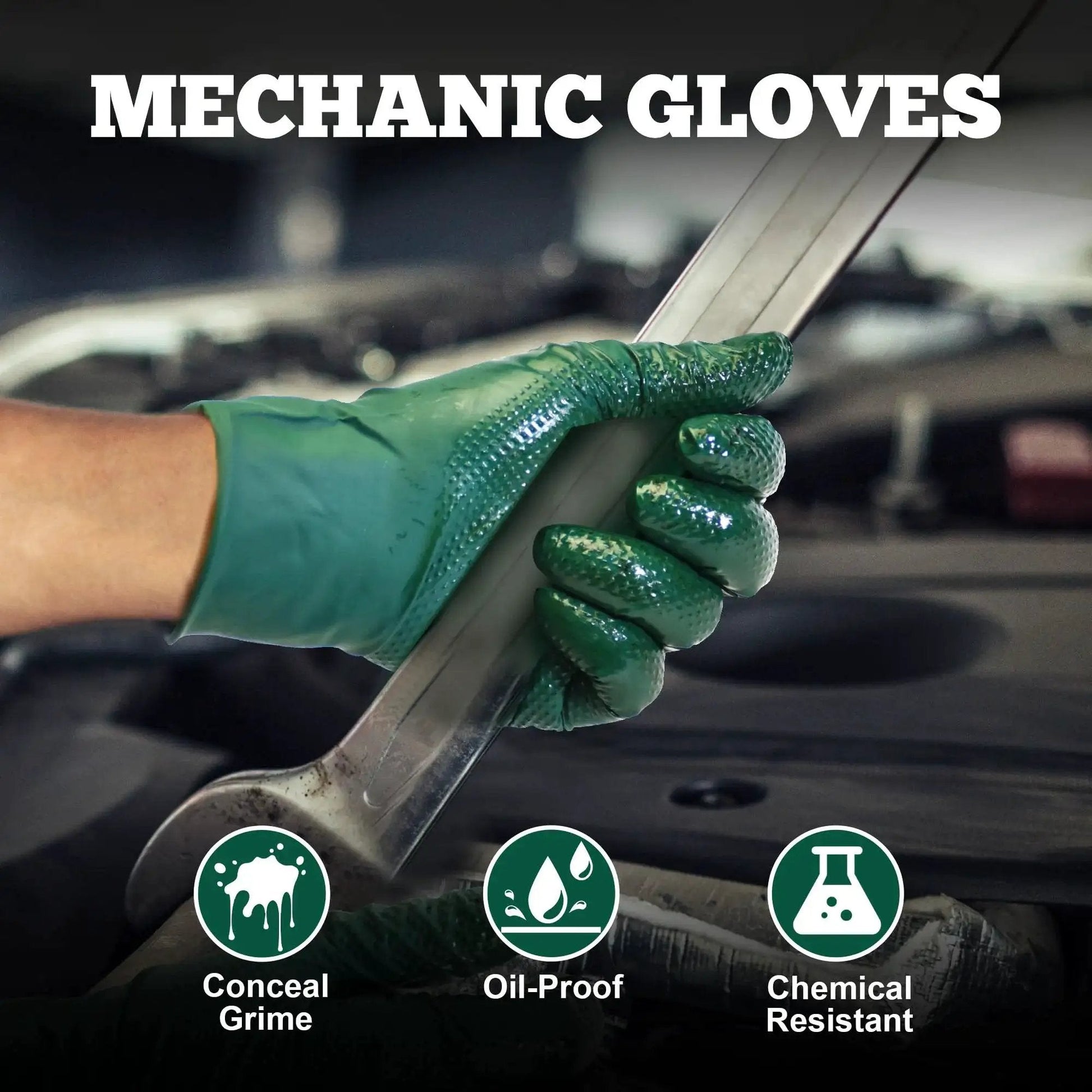 Heavy Duty Nitrile Gloves 6 Mil Dark Green Diamond Texture Mechanic Latex Free gripping wrench
