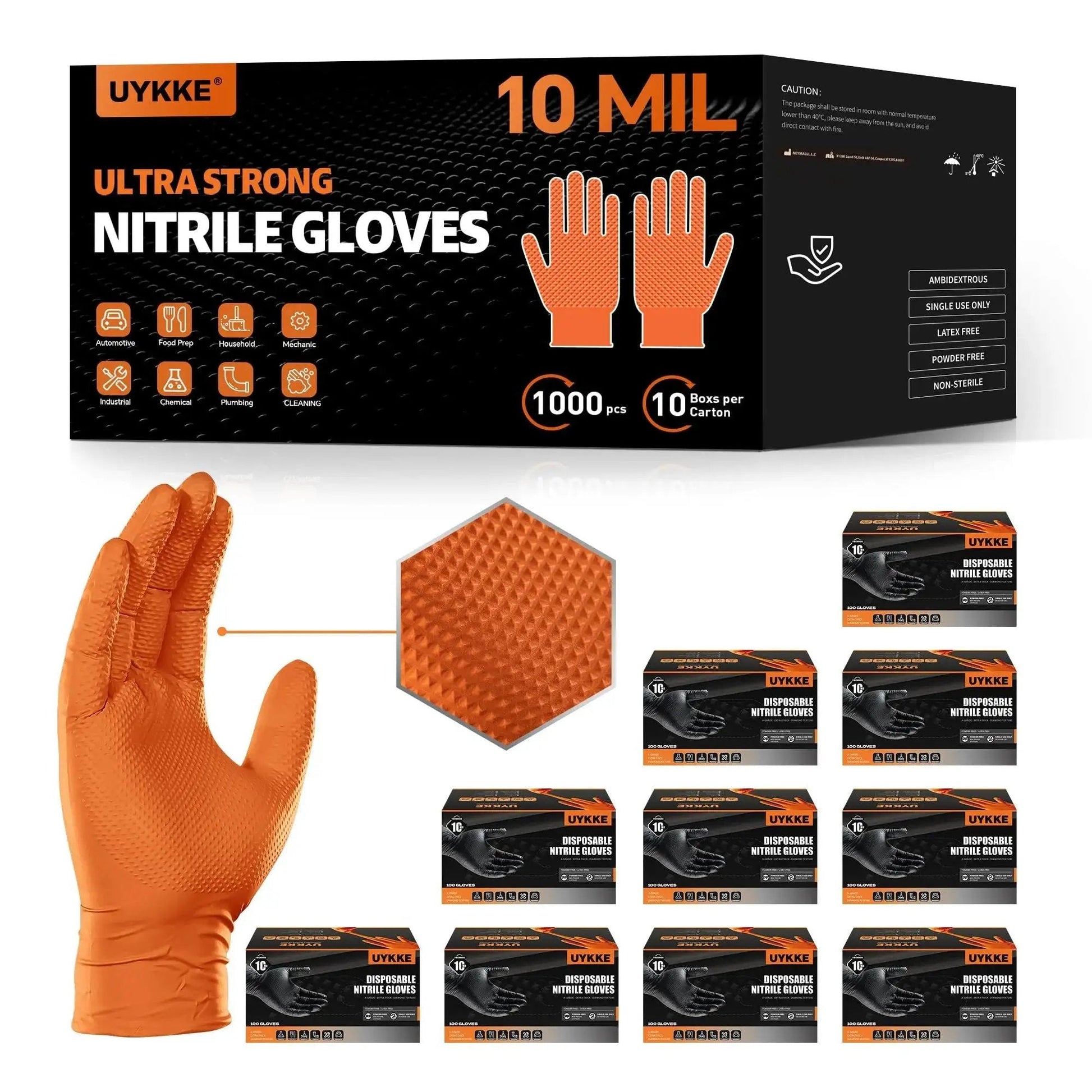 Orange Nitrile Disposable Gloves Diamond Textured 10mil Heavy Duty XL Mechanic Gloves packaging with gloves and texture detail