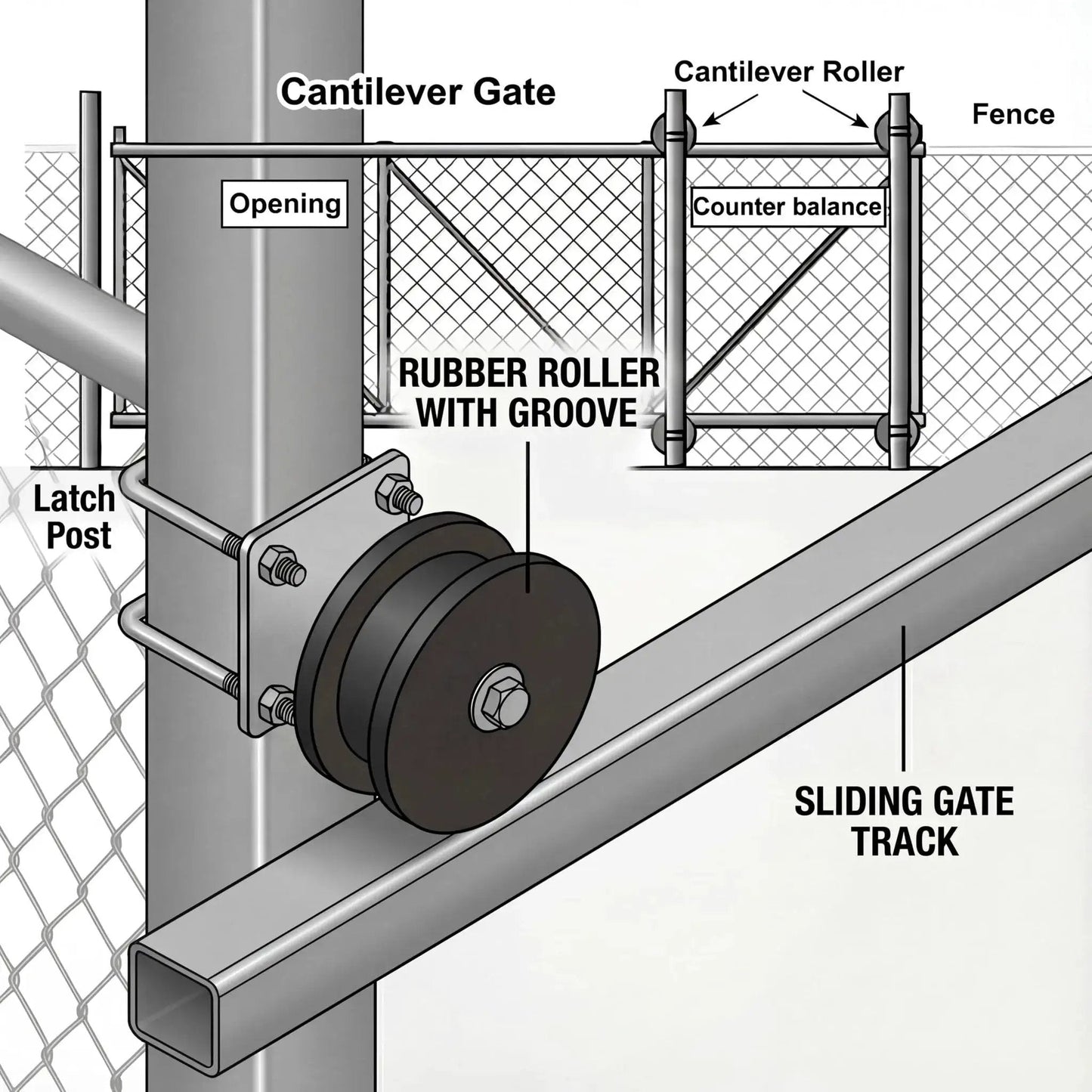 Heavy Duty Nylon Cantilever Gate Rollers Kit for 4 Inch Square Posts and 2 Inch Chain Link Fence Gate Frames, Easy Sliding Roller Assembly illustration