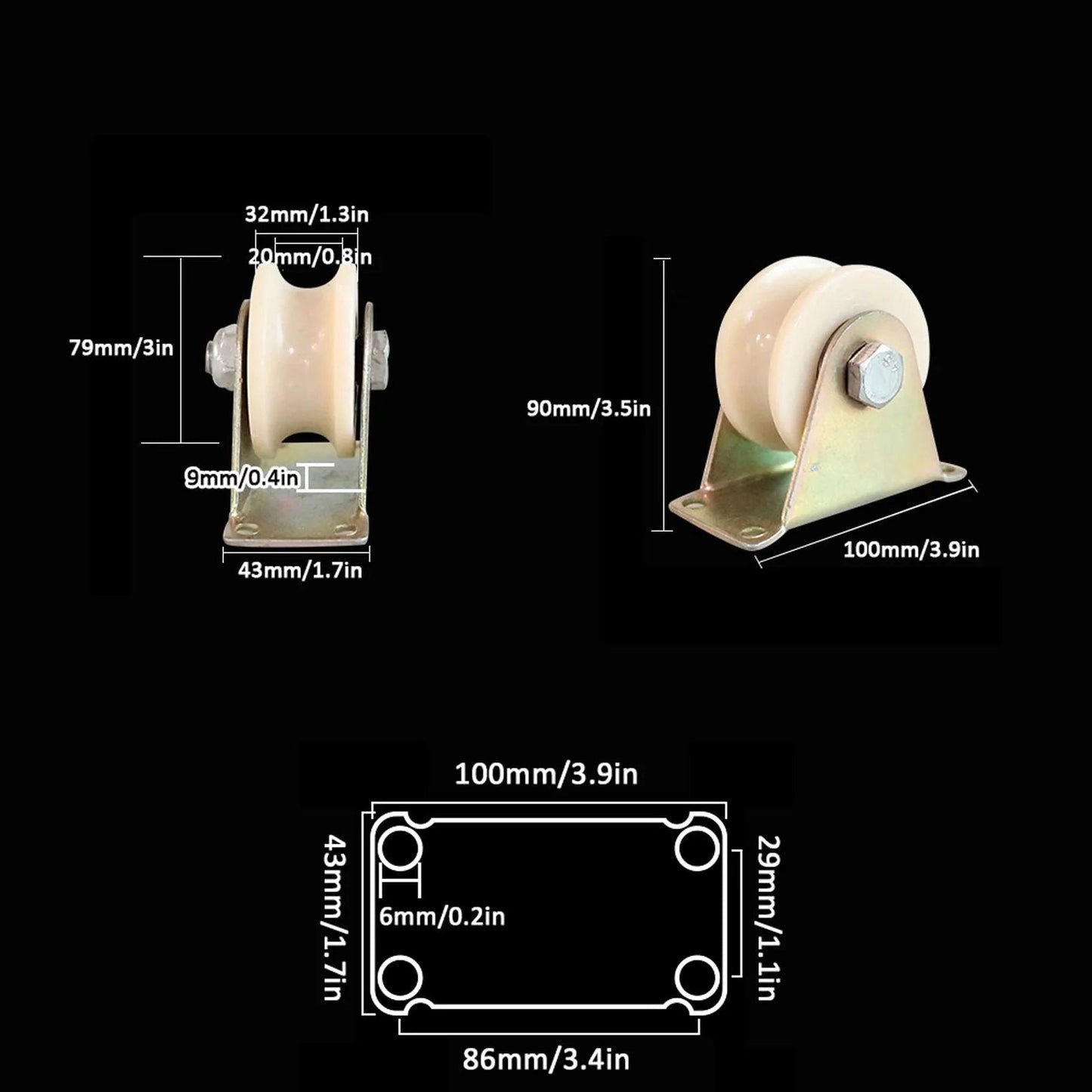 Pulley,Pulley Wheel, U-Groove Wheel Heavy Duty Nylon Caster,Sliding Door Pulley,for Inverted Track,Industrial Machines Carts,Wire Rope Rail,Rolling Gate(3in/79mm) dimensions illustration