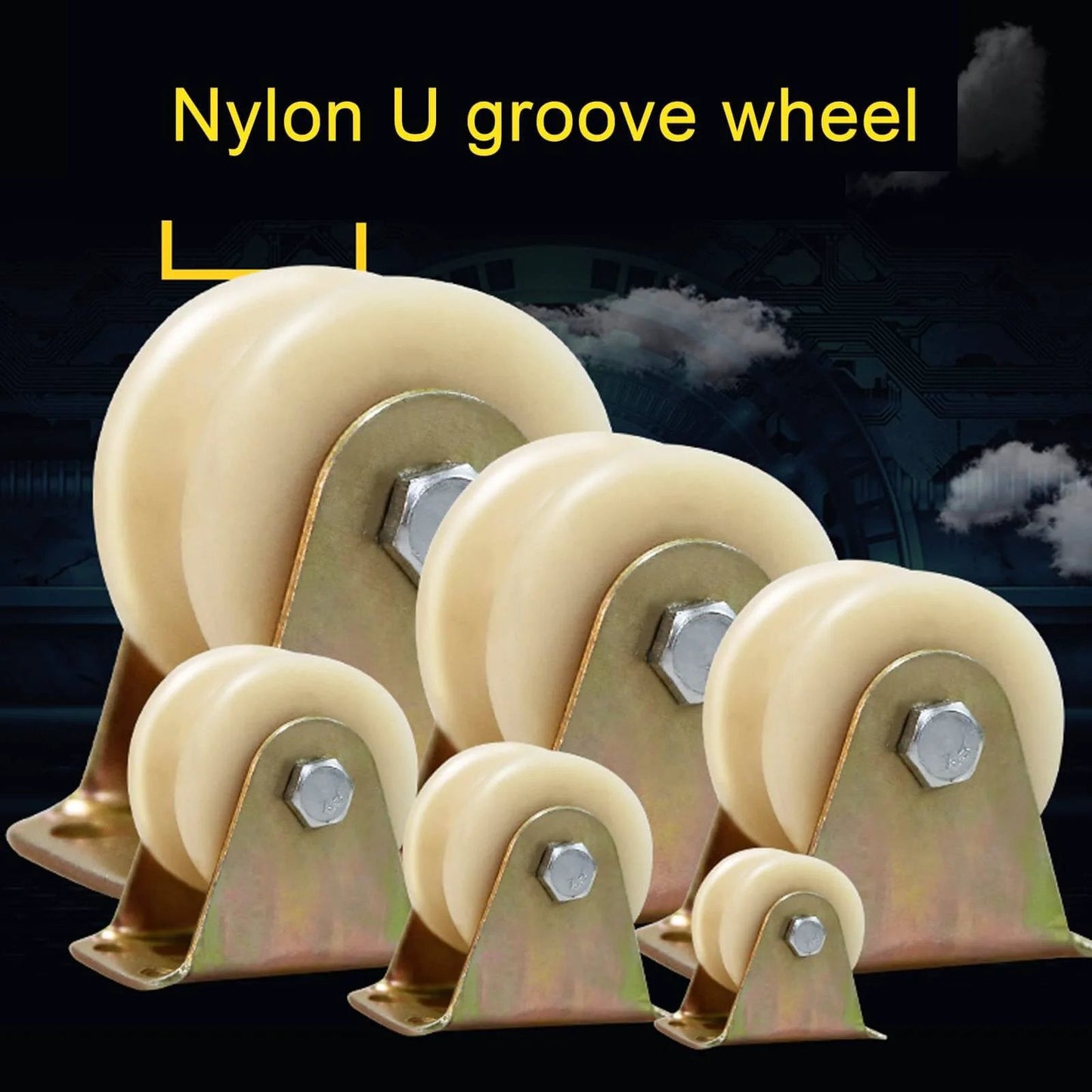Set of nylon U-groove pulley wheels with steel brackets in various sizes for sliding door pulley and industrial machines carts.