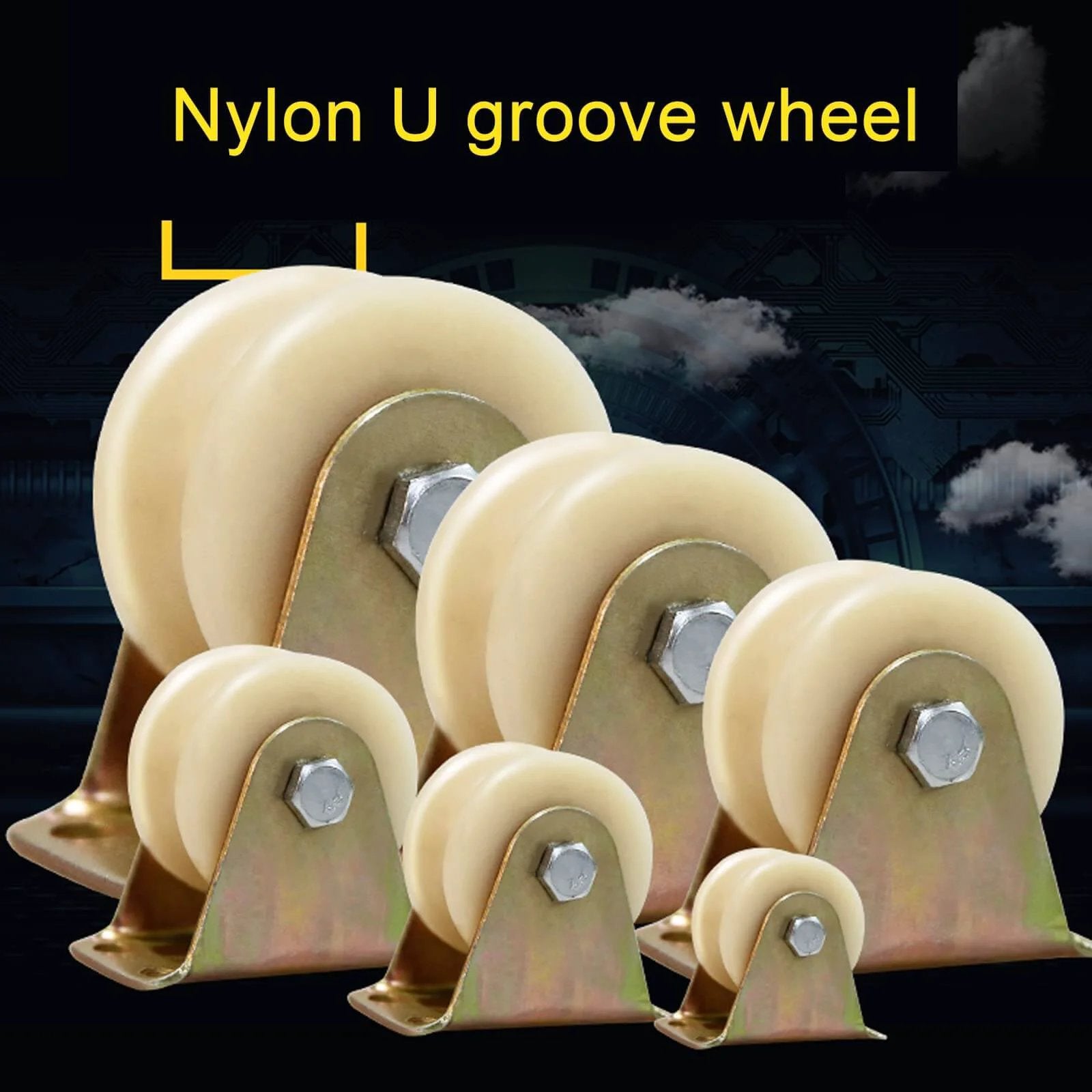 Set of nylon U-groove pulley wheels with steel brackets in various sizes for sliding door pulley and industrial machines carts.