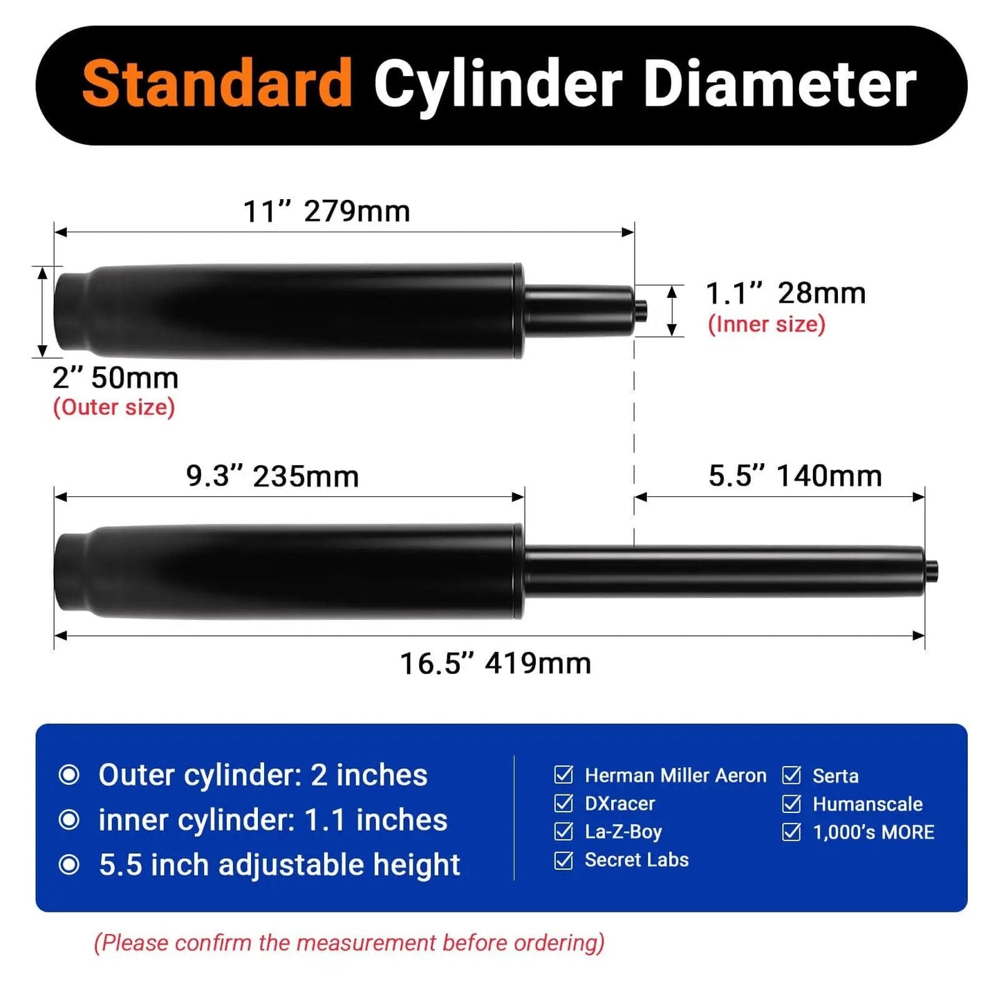 Heavy Duty Office Chair Cylinder Replacement 11 to 16.5 Inch Travel Length With 5.5 Inch Stroke diagram showing dimensions.