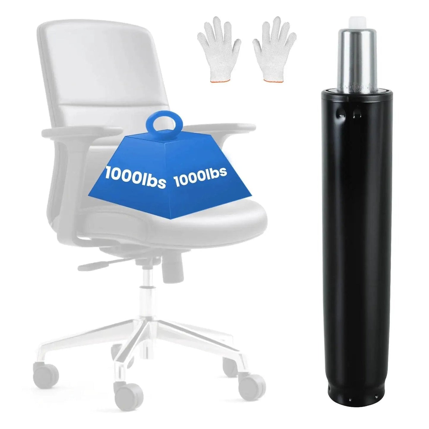 Heavy Duty Adjustable Office Chair Hydraulic Cylinder Replacement Supports Up To 1000 Pounds, shown with chair and weight symbol