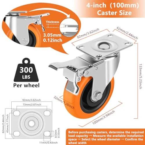 4-inch caster wheel with orange polyurethane, swivel plate, brake, and 300 lbs load capacity, ideal for carts and furniture.