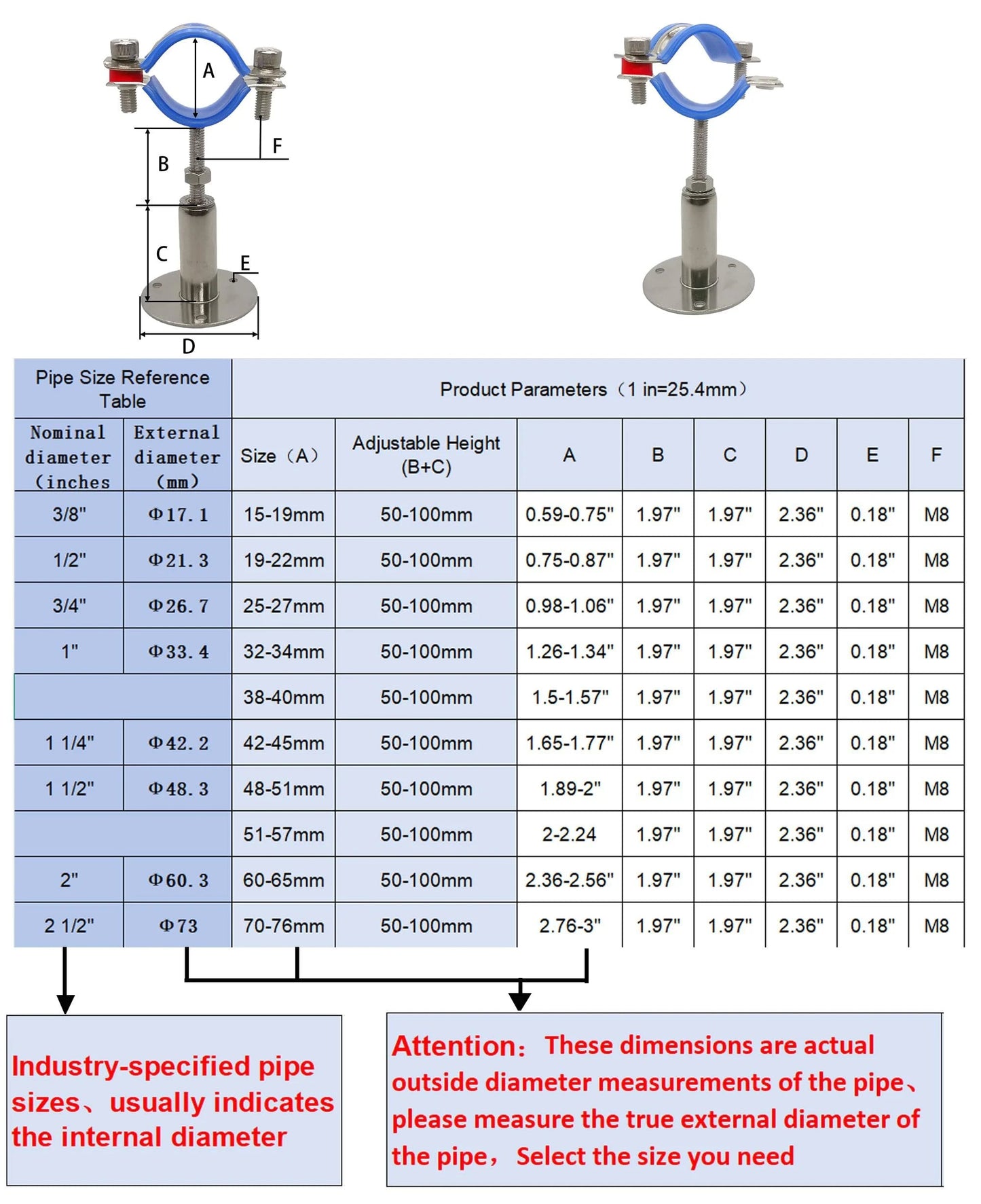 Heavy Duty Adjustable Pipe Clamps for Wall or Ceiling Mounts, Stainless Steel 304, 2 Pack, fitting size and height reference chart.