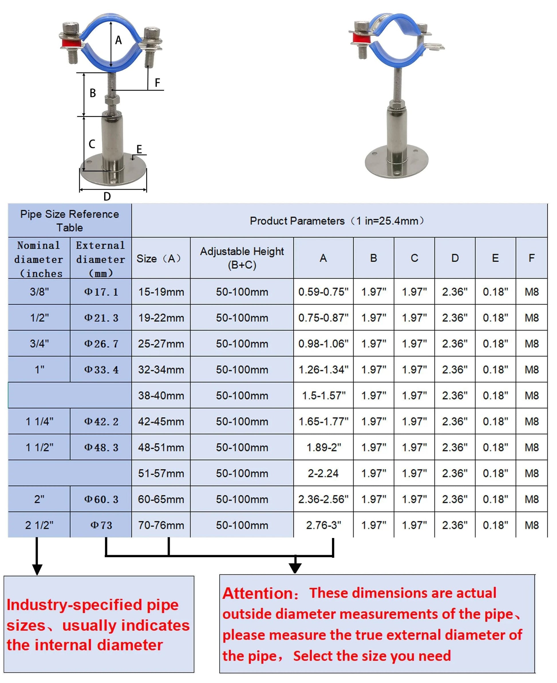 Heavy Duty Adjustable Pipe Clamps for Wall or Ceiling Mounts, Stainless Steel 304, 2 Pack, fitting size and height reference chart.