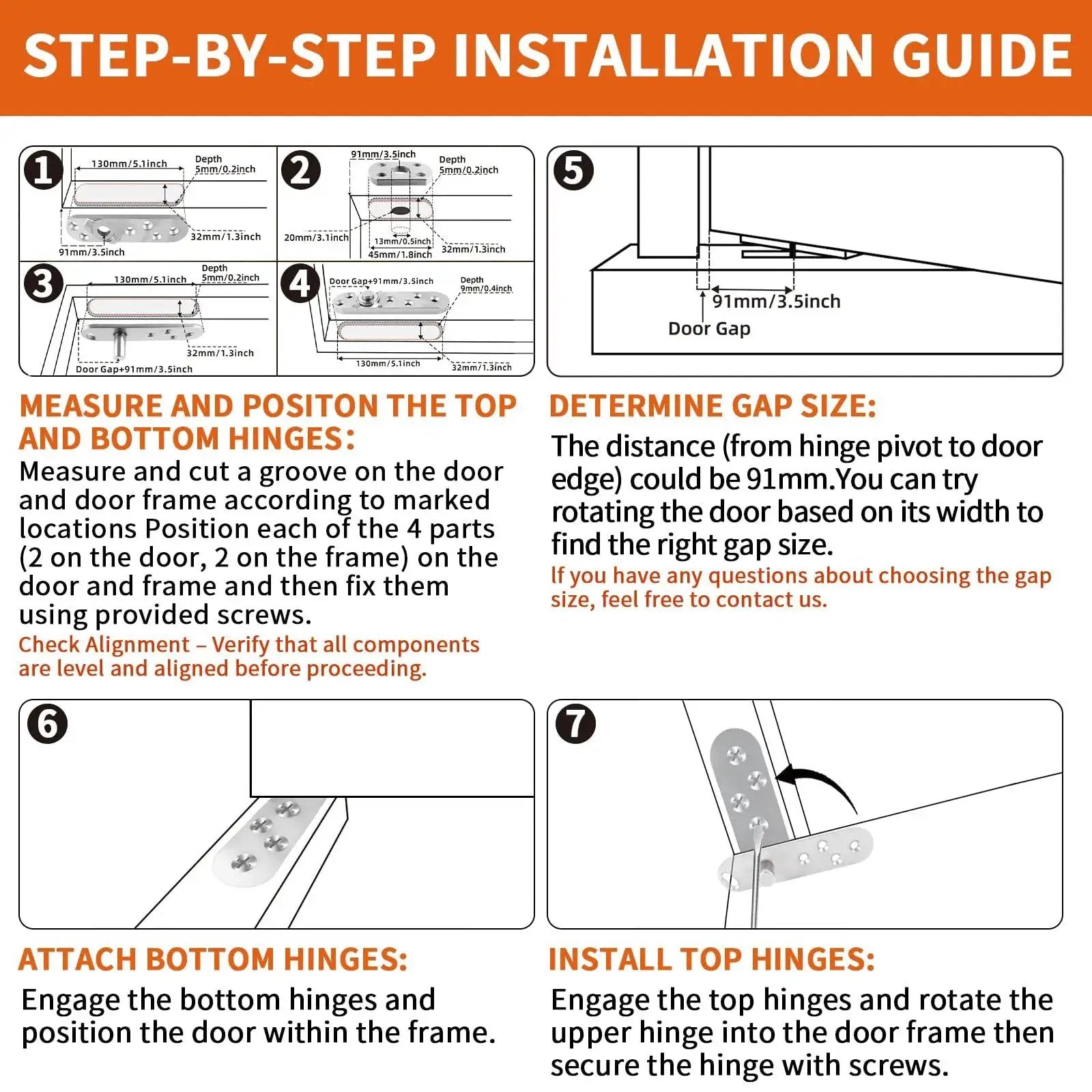 Step-by-step installation guide for Heavy Duty Pivot Hinge With Hold Open For Concealed Doors Up To 1100 Lbs 304 Stainless Steel.