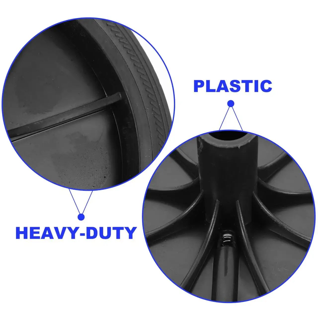 Close-up of the heavy-duty rubber and plastic construction for Trash Can Wheels Replacement Set 7 Inch Rubber Casters.