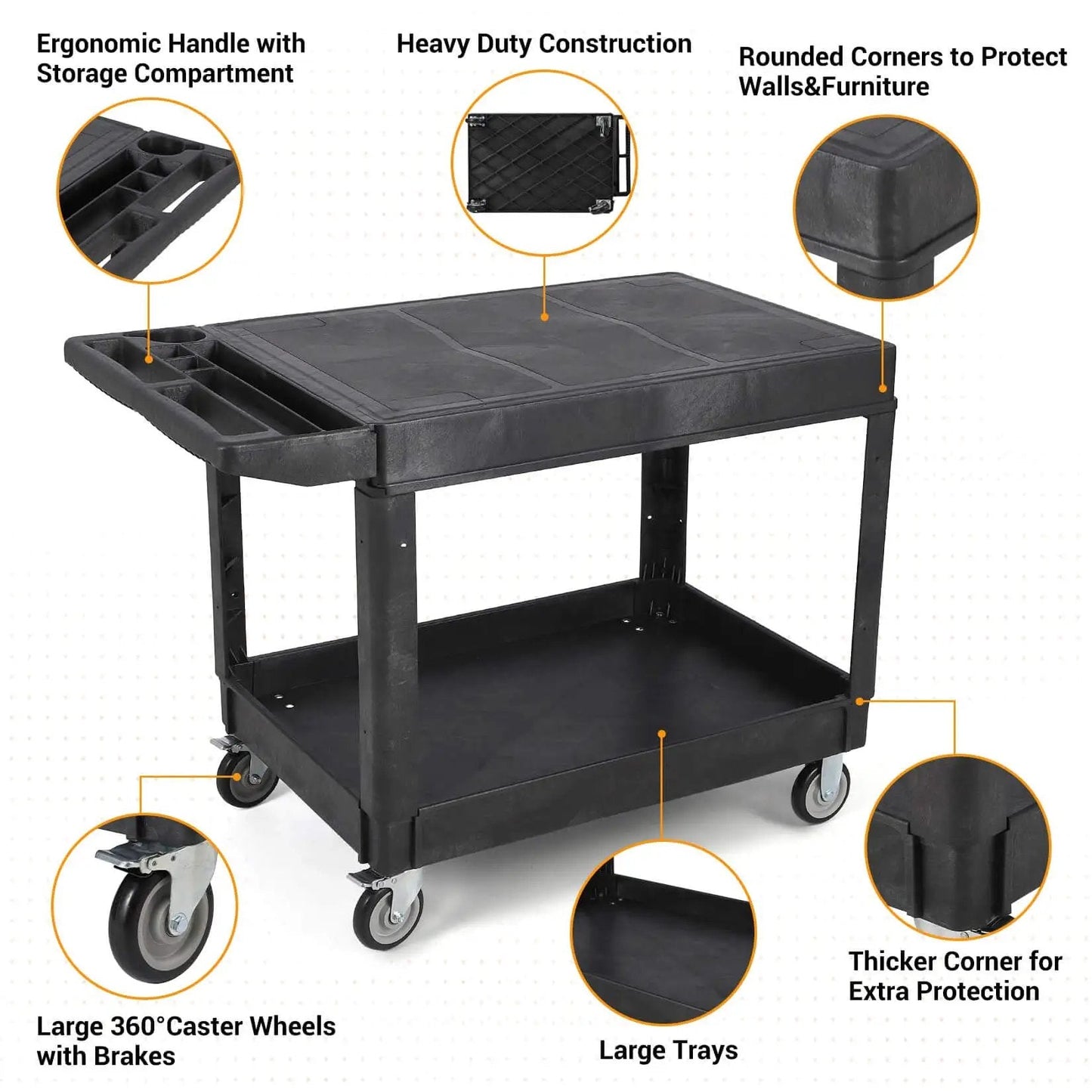 Beefy Heavy Duty Plastic Utility Cart With Flat Top And Two Shelves, black, ergonomic handle, 360° swivel wheels with brakes