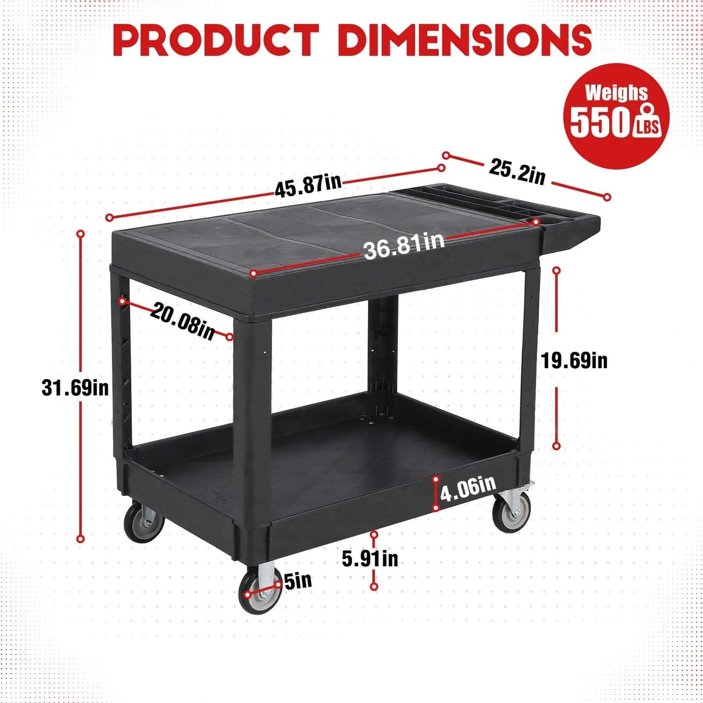 Beefy Heavy Duty Plastic Utility Cart With Flat Top And Two Shelves, 45.87 X 25.2 Inches, 550 lbs capacity, black with swivel wheels
