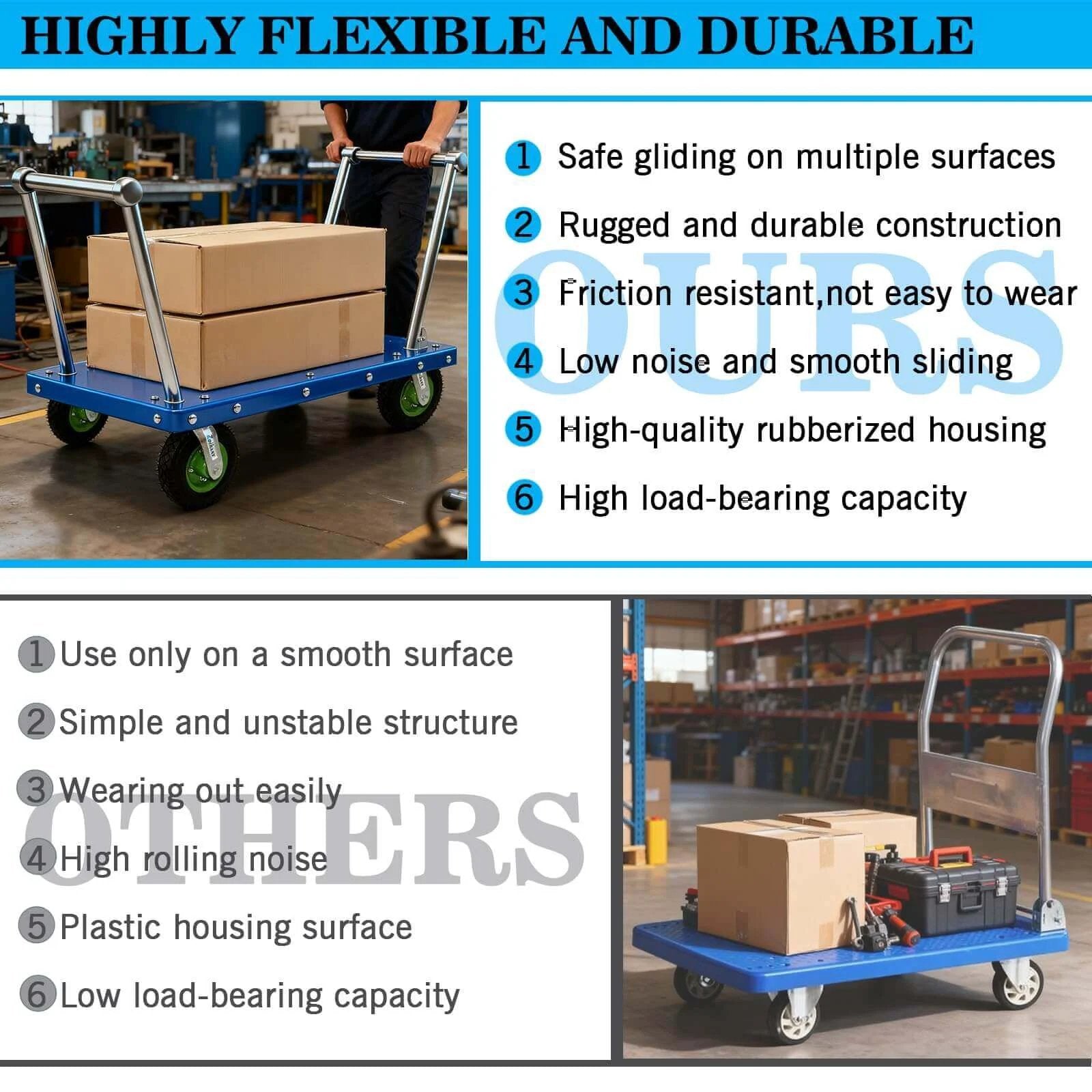 10 inch heavy duty pneumatic caster wheels set of 4 with rubber knobby tread on a blue cart carrying boxes.
