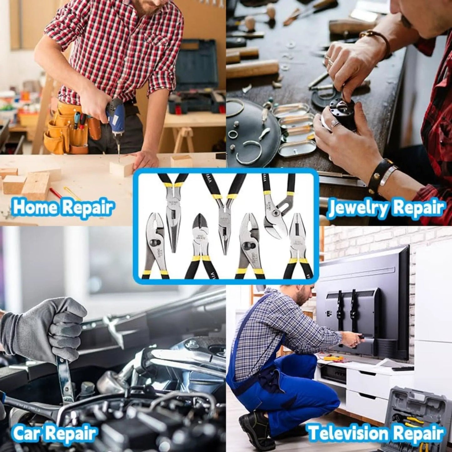 Heavy Duty 7 Piece Pliers Set For Home Repair And DIY Projects With Long Nose Pliers Slip Joint Pliers Linesman Pliers And Diagonal Pliers A Versatile Auto Electrical And General Tools Kit with background images showing various repair tasks.
