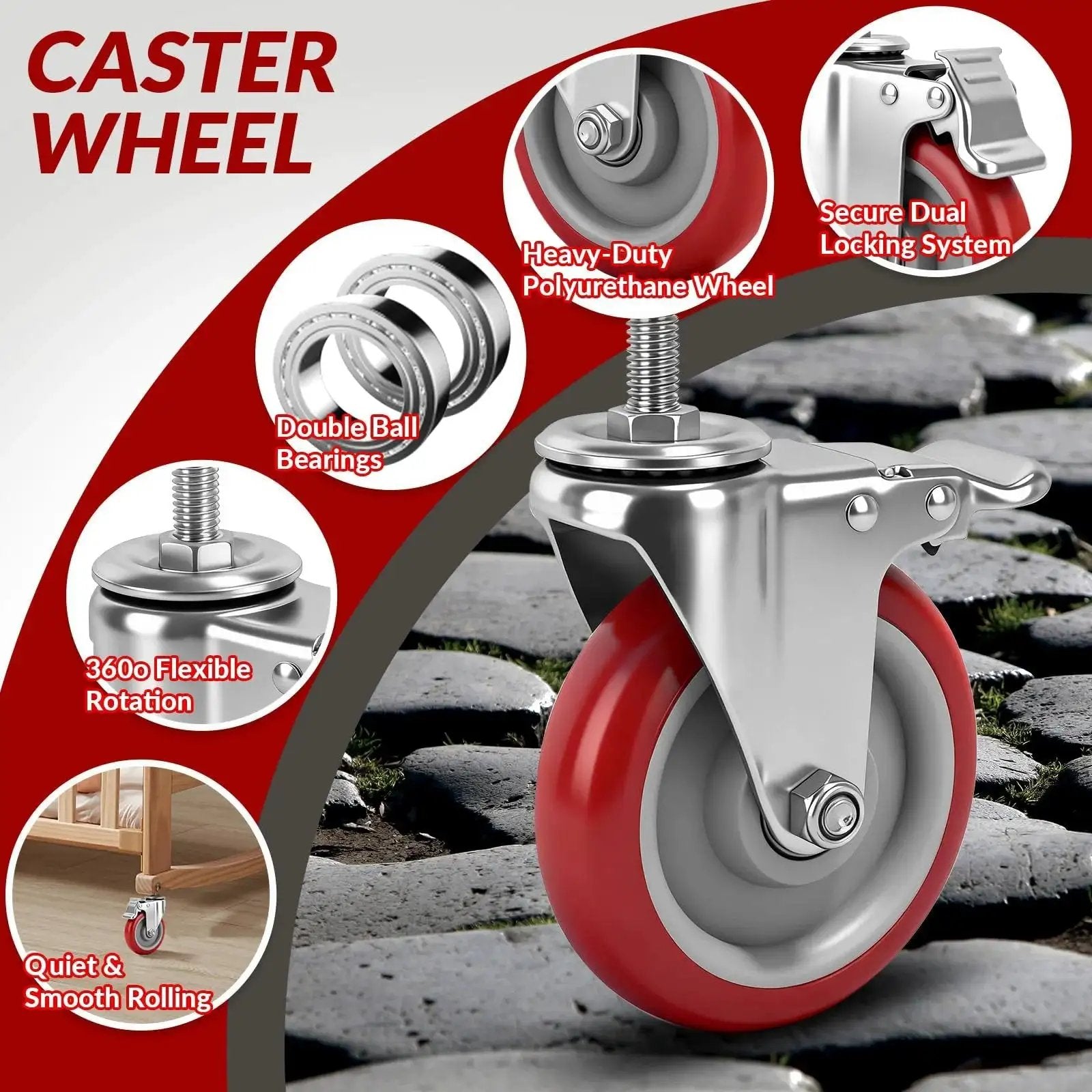 Five Inch Locking Swivel Caster Wheels Set Of Four With One Half Inch By Thirteen Threaded Stem And One And One Half Inch Length Heavy Duty Industrial Castors For Cart Furniture And Workbench Quiet Polyurethane Wheels With Brake Locks And Floor Protection showcasing design and features over cobblestone background.