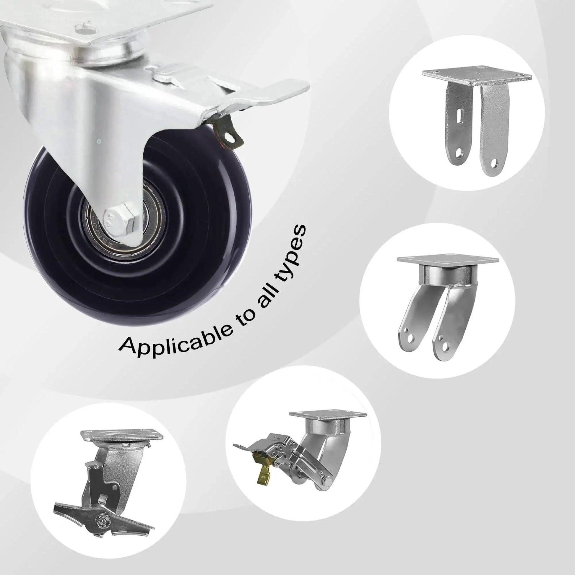 3 Inch Caster Wheels 4 Pack Heavy Duty PU Board Caster For Cart Dollies Replacement Wheels For Platform Trucks Up To 264 Lbs 120 Kg With Three Eighth Inch Axle Quiet Smooth Rolling Ideal For Garage And Workshop Carts With Quiet Non Marking PU, close-up of a wheel with various attachment brackets