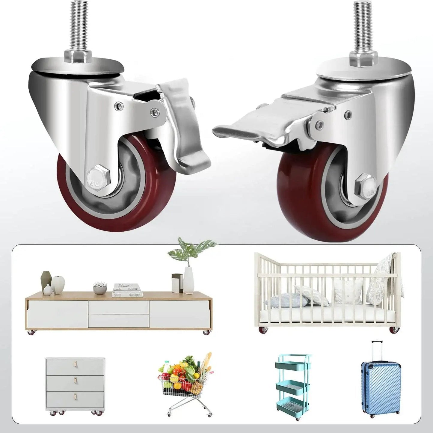 Heavy Duty PU Wheel Caster Set With 360 Degree Swivel Casters And Double Brakes, M12 Threaded Stem, 3 Inch And 4 Inch Options