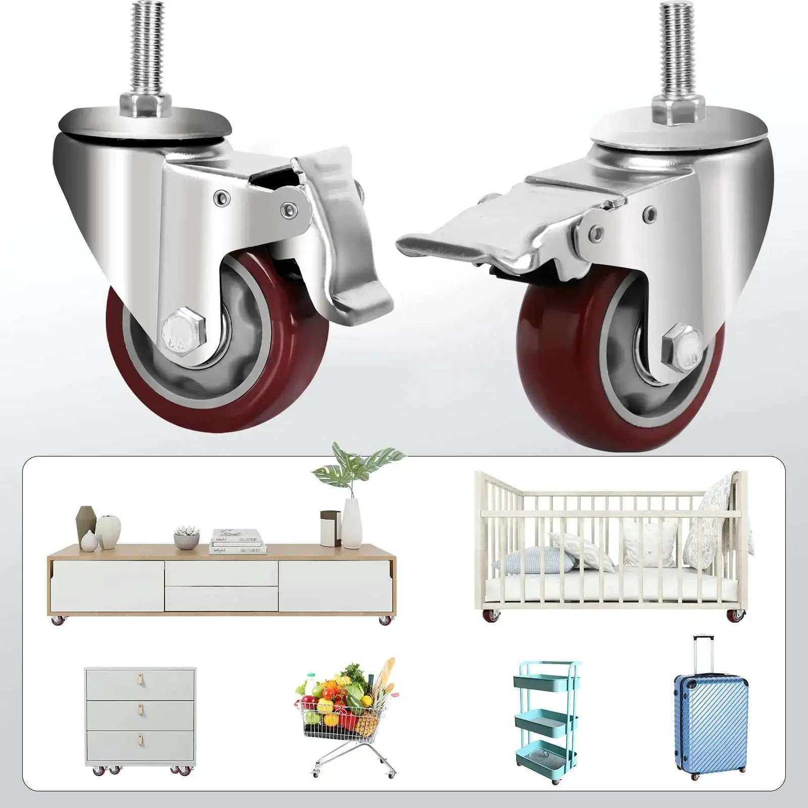 Heavy Duty PU Wheel Caster Set With 360 Degree Swivel Casters And Double Brakes, M12 Threaded Stem, 3 Inch And 4 Inch Options