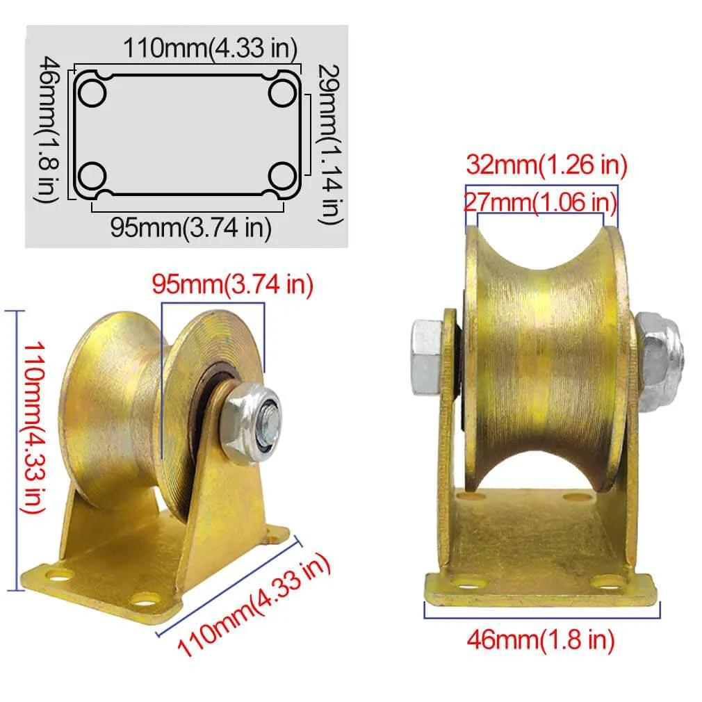 Side view of Pulley,Pulley Wheel, 4pc Heavy Duty Rigid Wheels,Sheave Directional Track Roller,Double Bearing,Gold,for Industrial Machines shown with measurements