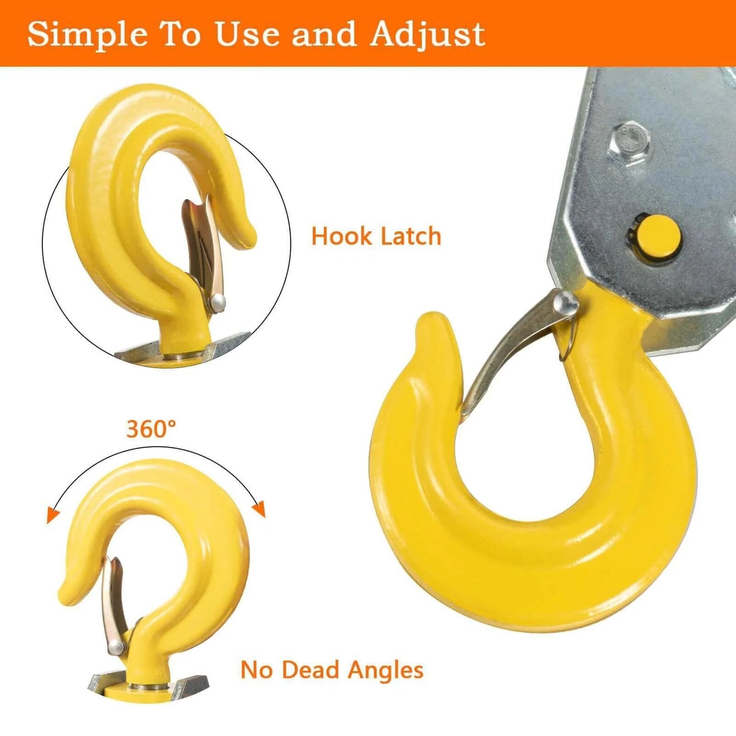 Close-up of yellow hook on 2Ton Pulley Hook Heavy Duty Pulley Lifting Block Hoist with 5/8" Wire Rope Snatch Block 1Pack