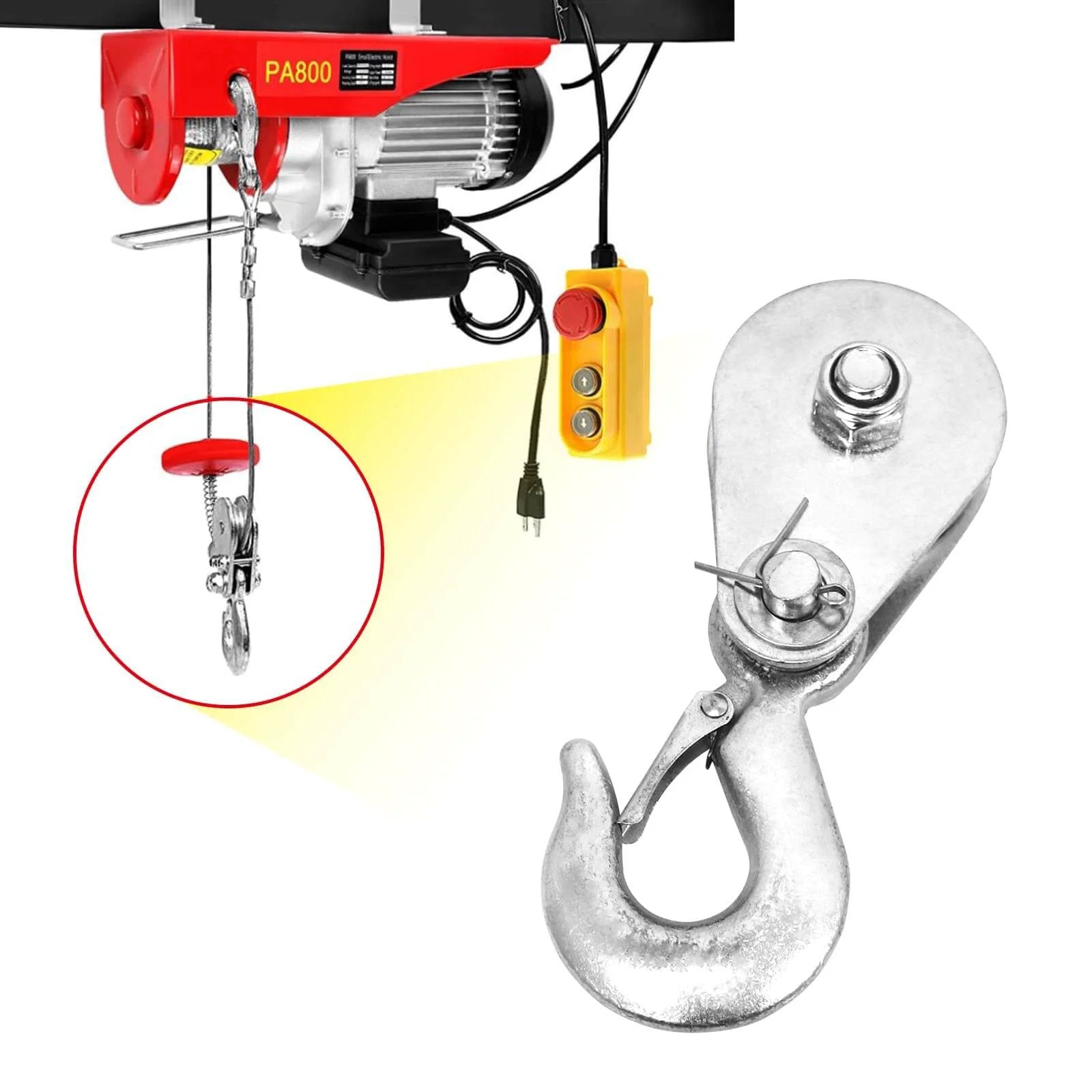 Pulley Hook (1Tons/2,200 LBS) Snatch Block with Hook Heavy Duty Pulley Lifting Block Hoist for 3/8 inch Cable close-up view