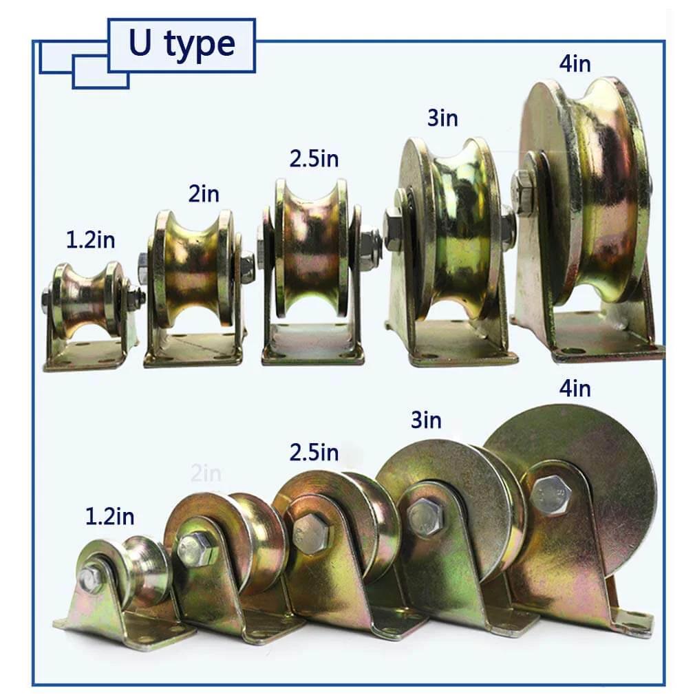 Pulley,Pulley Wheel, 2pc Heavy Duty Rigid Wheels,Sheave Round Tube Directional Track Wheel,Double Bearing,for Industrial Machines,Sliding Door,Rolling Gates,Wire Rope Rails(32mm/1.25in) shown in multiple sizes.