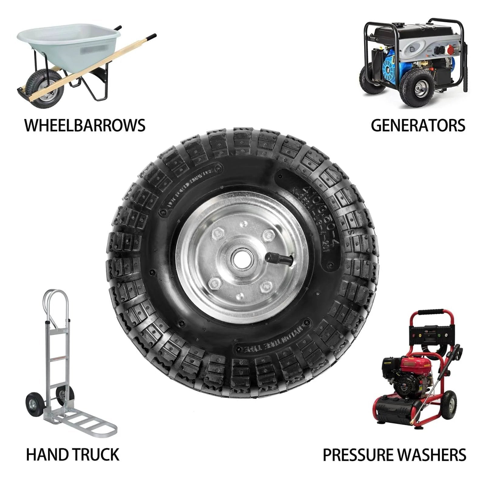 10" heavy-duty replacement tire 4.10/3.50-4 for carts, hand trucks, generators, lawn mowers, garden wagons, shown with usage examples