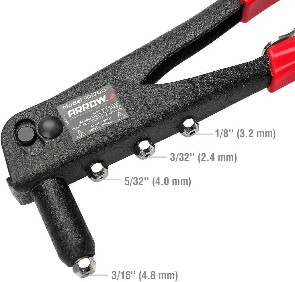 Pro Grade Heavy Duty Riveter Kit with 120 Assorted Rivets, portable manual pop rivet gun in close-up view highlighting rivet sizes.