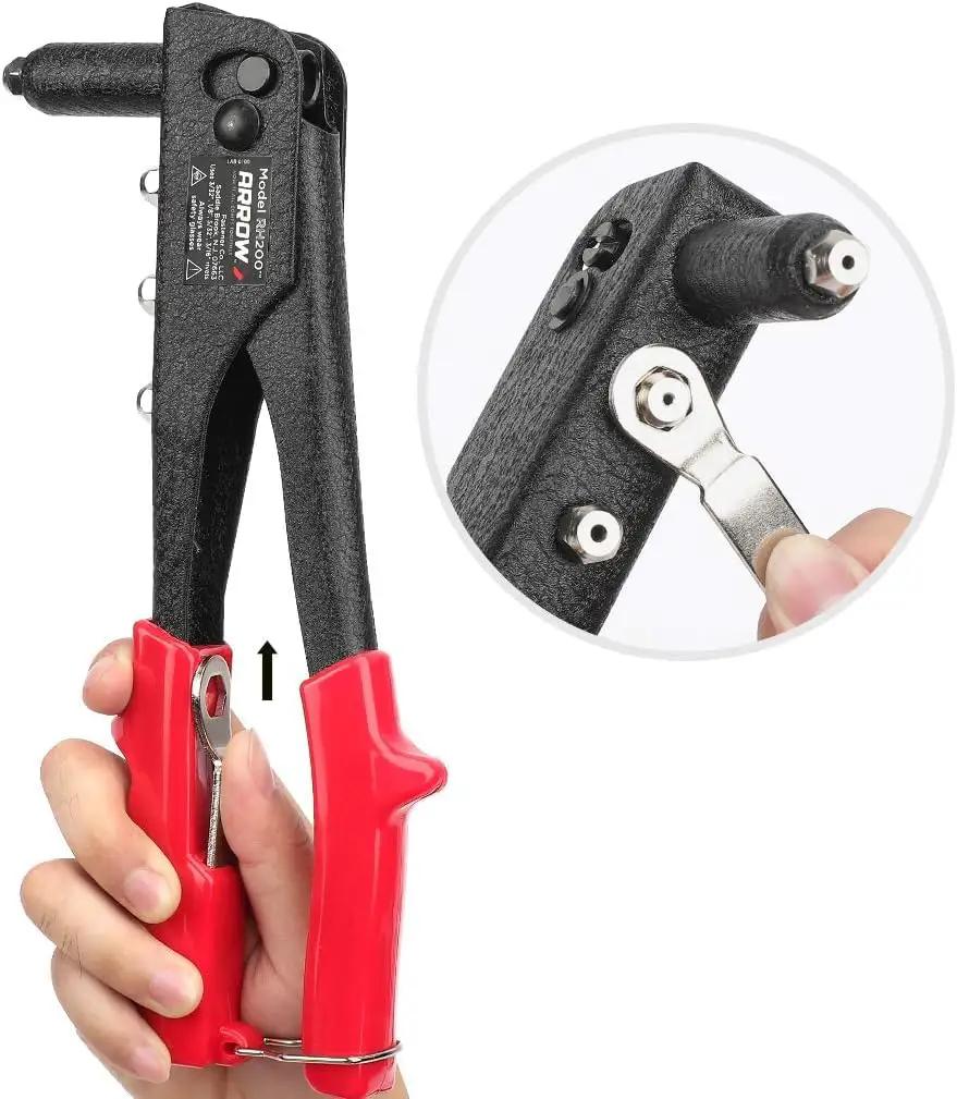 Pro Grade Heavy Duty Riveter Kit with 120 Assorted Rivets, showing close-up of extended nose and manual operation with red handles