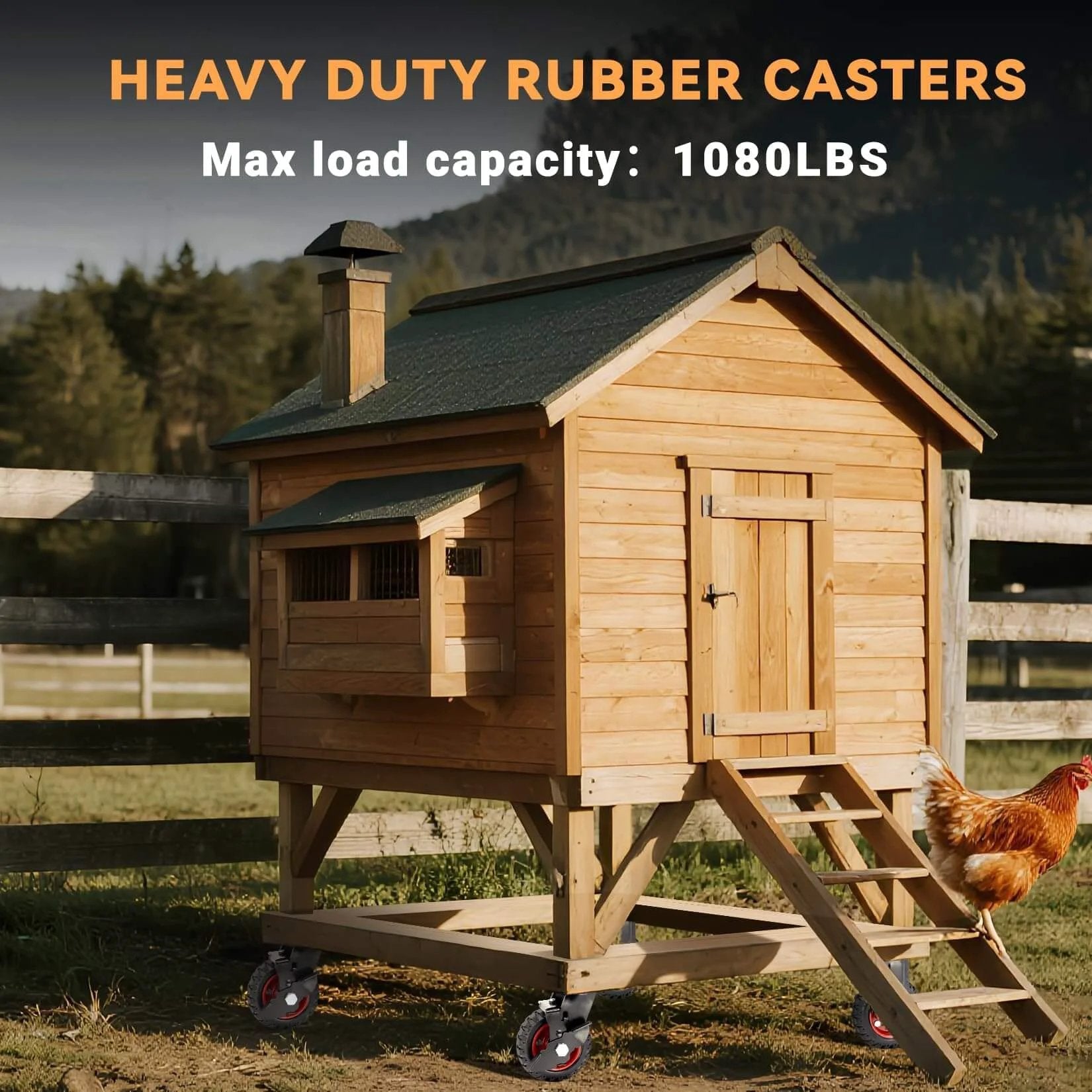 5 Inch Heavy Duty Caster Wheels Set of 4, 1080 LBS under wooden coop with outdoor rubber casters for automation