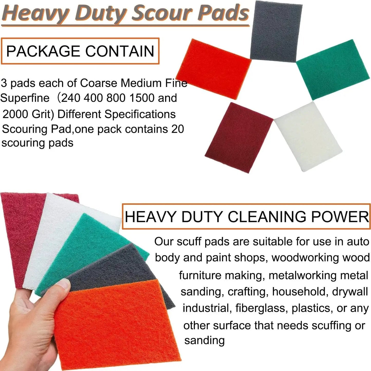 Assorted 6 X 9 Inch Hand Pads Coarse To Superfine For Grills And Garden Tools shown in different colors and textures.