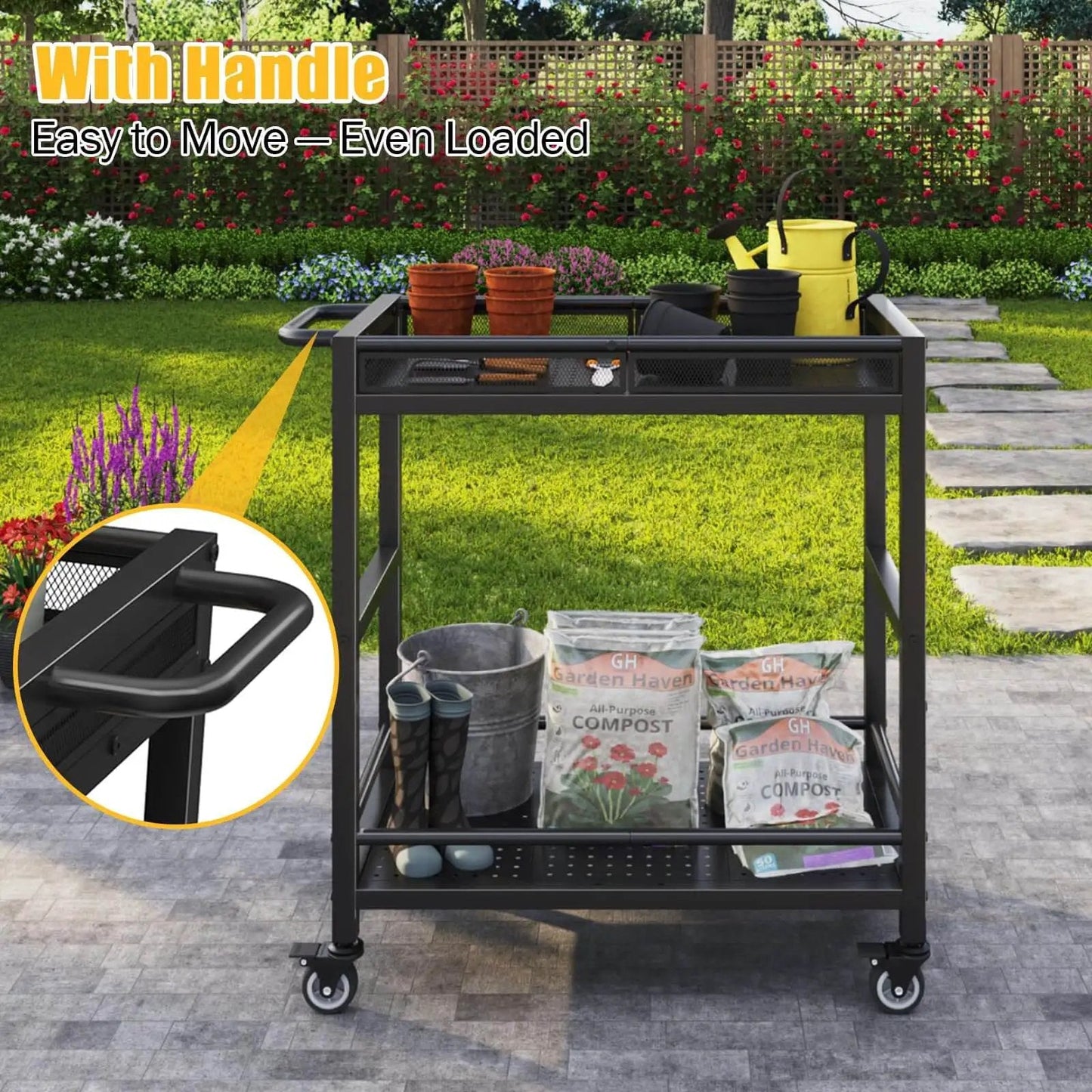 Heavy Duty Service Cart On Wheels With 2-Tier Metal Rolling Utility Cart Fences For Garage Garden Warehouse Tool House