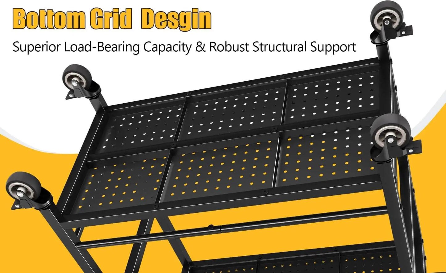 Underside view of Heavy Duty Service Cart On Wheels With 2-Tier Metal Rolling Utility Cart Fences showing 360° swivel casters.