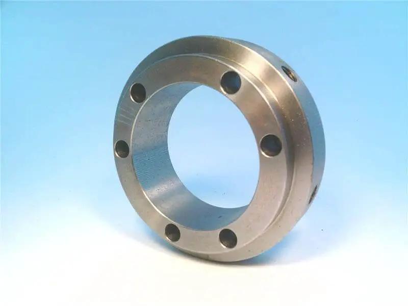 Heavy Duty Sleeve Coupling With QD Bushing SK Size 360 Inch Pounds Max Torque Coupling Size 20 Flange Sleeve Connection For Industrial Drives By Rexnord shown from the side.