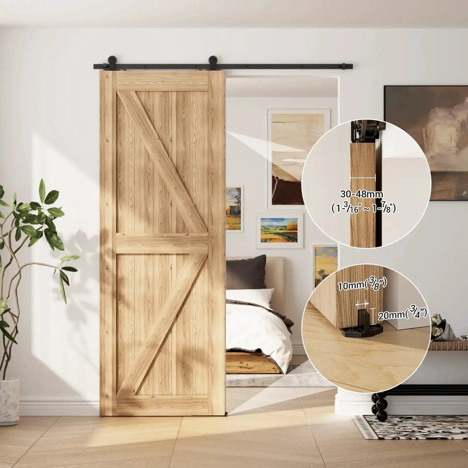 6.6Ft Sliding Track Barn Door Hardware Kit For Single Wood Door, installed in bedroom, black T shaped style, space saving system