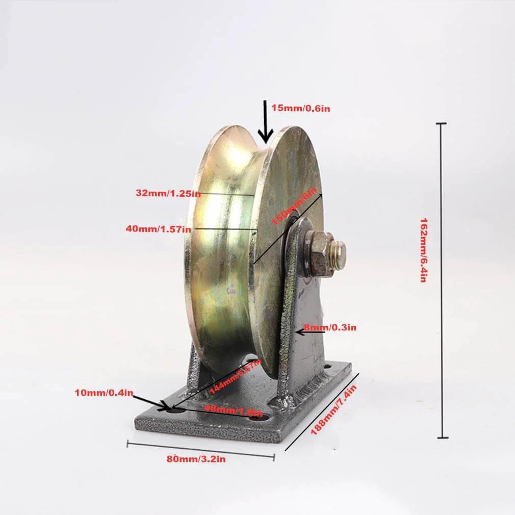 Side view of a Pulley, Pulley Wheel, Sliding Gate Roller, Colour Galvanizing, Heavy Duty Barn Door Casters, 45# Steel Slide Gate Hardware for Gate Frame, Industrial Machines Carts, Wire Rope Rail(150mm) with dimensions labeled.