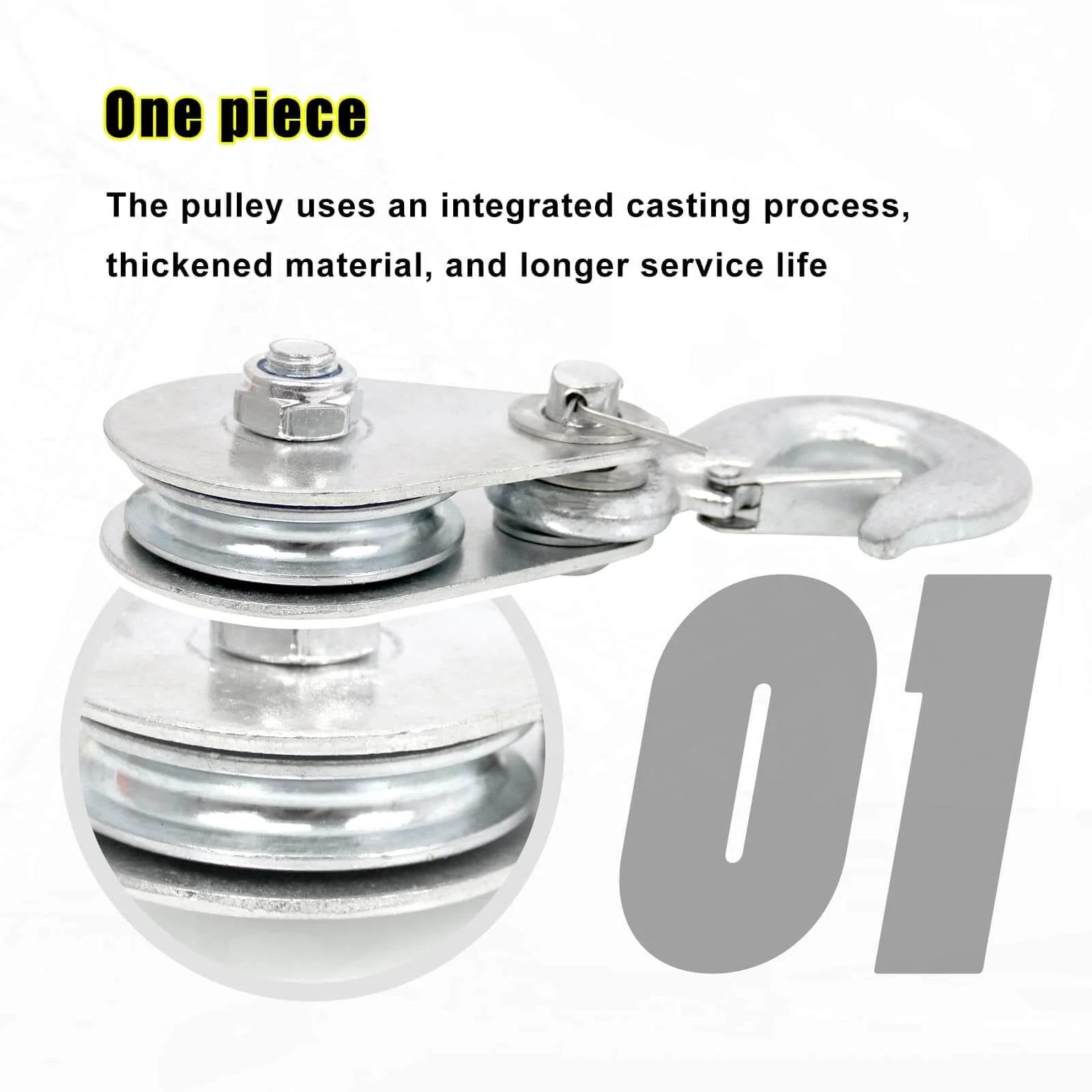 Pulley Hook (1Tons/2,200 LBS) Snatch Block with Hook showing integrated casting, thickened material, steel finish