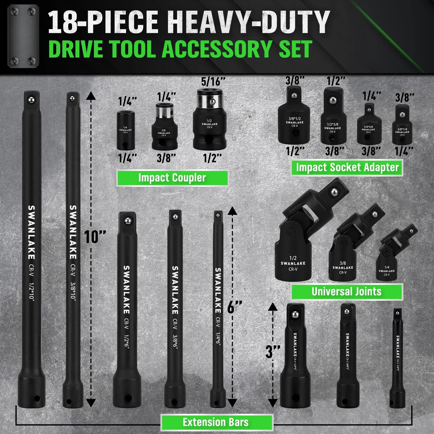 Rugged 18 Piece Impact Socket Extension Set With Swivel Universal Joint Deep Quarter Inch Drive Three Eighths Inch Drive And One Half Inch Drive Adapters Extension Bars And Three Ratchet Couplers CR-V Steel Alloy Corrosion Resistant Mechanic Tools on display