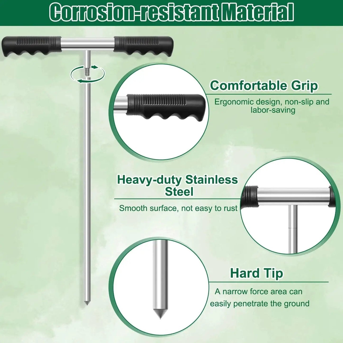 Heavy Duty Metal Soil Probe Rod 32 To 48 Inches With Adjustable Interlocking Sections And Insulated T Handle highlighting grip and tip