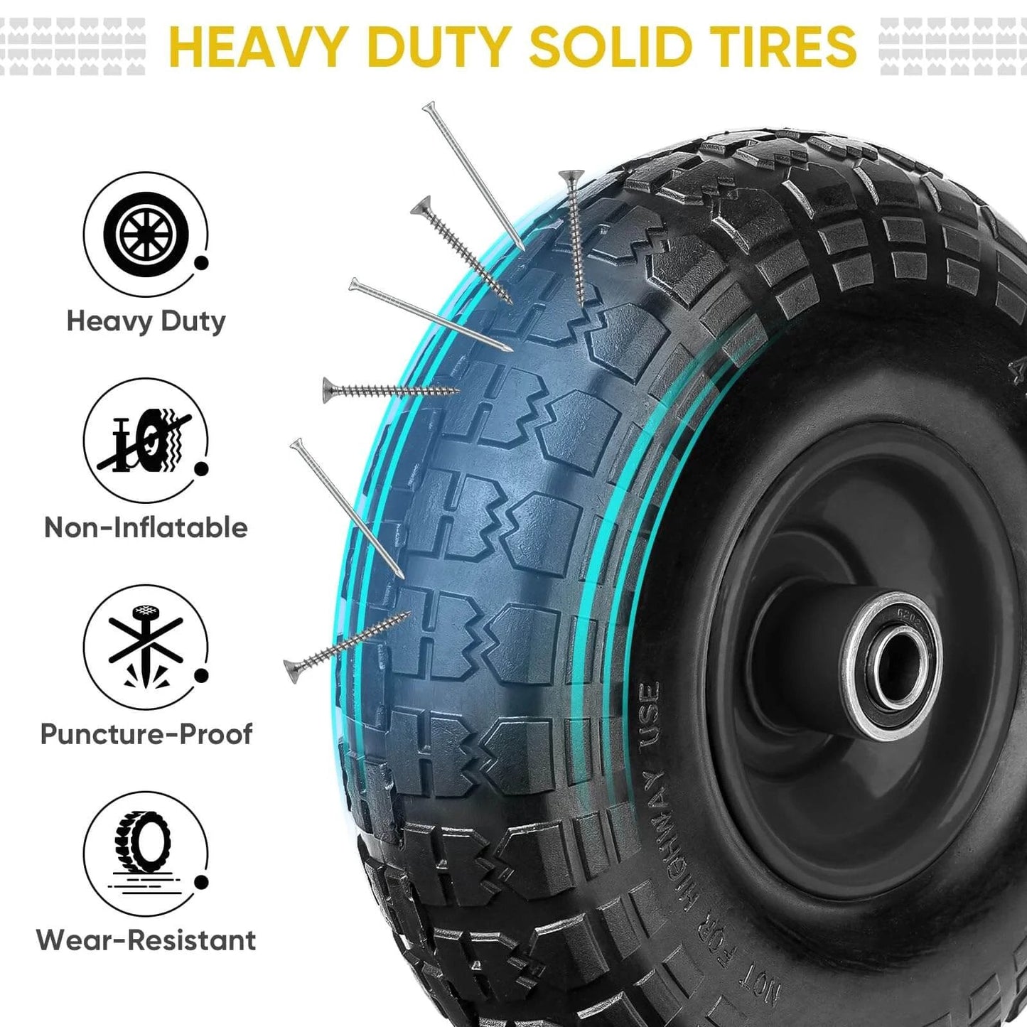 Close-up of 4.00-6 Flat Free Tire and Wheel Set showing heavy duty solid tire features like puncture-proof and wear-resistant.