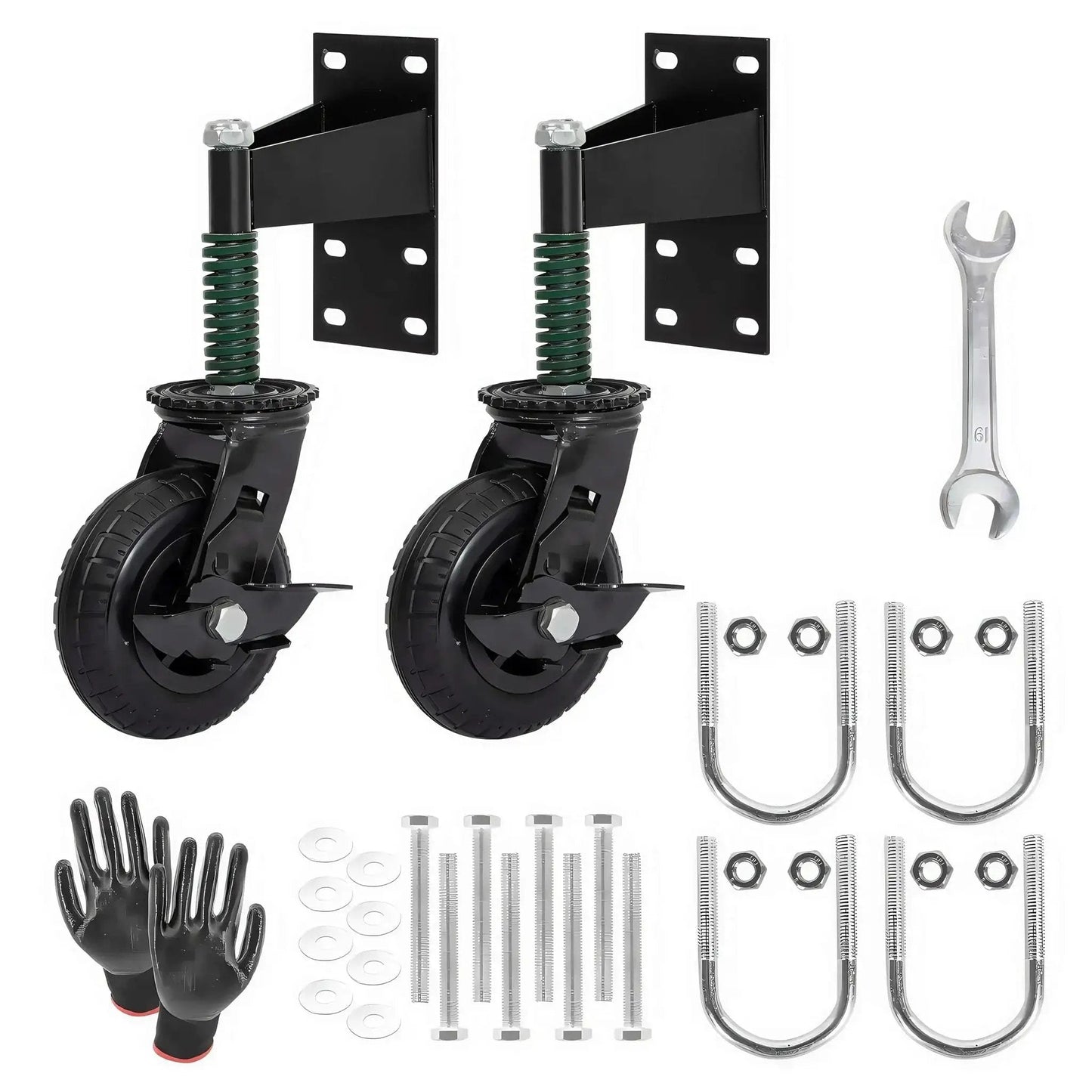 Two-Piece 6-Inch Heavy Duty Gate Wheels With Spring Loaded Caster Kit, includes gloves, wrench, and mounting hardware.