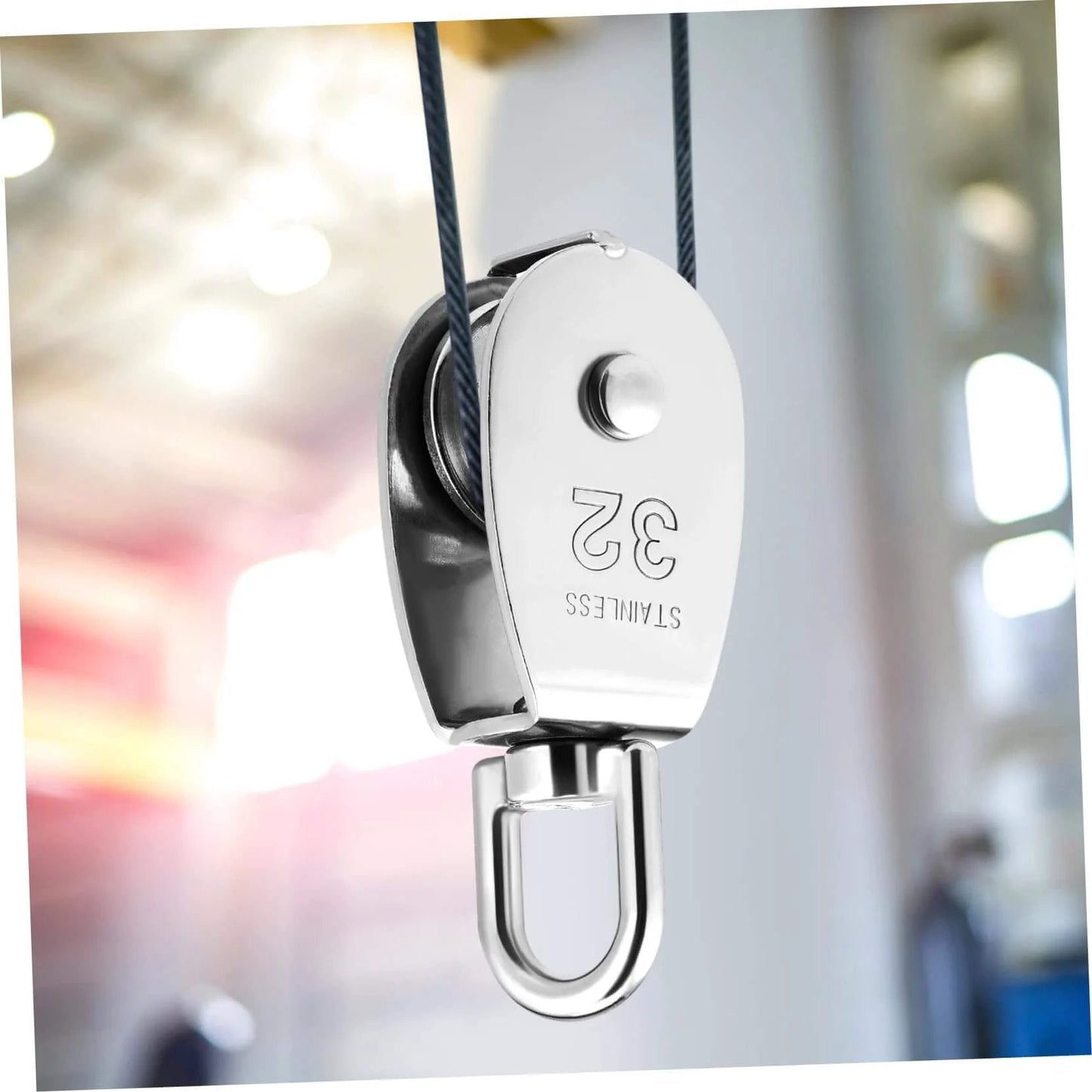 Close-up of 3pcs Heavy Duty Stainless Pulley Swivel Lifting Wire Rope Crane for Construction DIY Projects shown in use