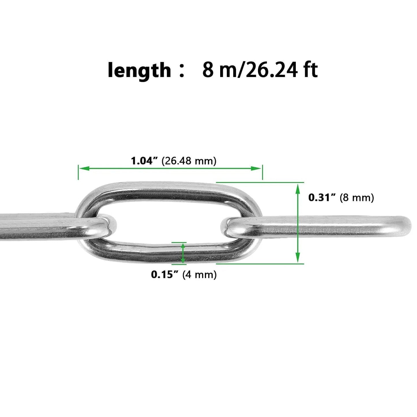 Close-up of 5/32 Inch 26 Ft Heavy Duty Stainless Steel Chain, Rustproof Swing Chain for Pulling, Towing, Anchoring, with measurements.