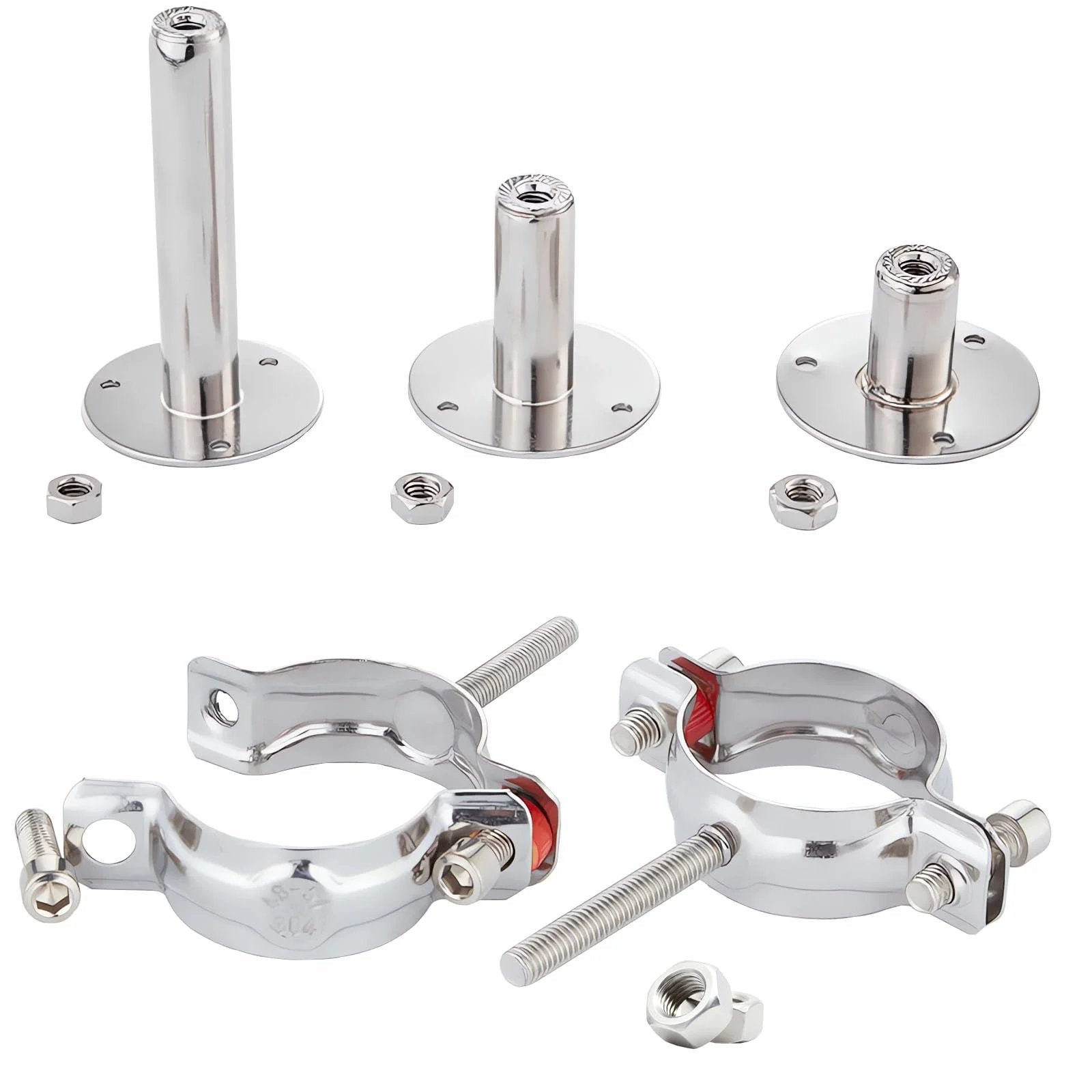 Heavy Duty Stainless Steel Wall And Ceiling Pipe Supports With Rubber Cushioned Clamps 304 Stainless Steel Construction Adjustable Height 30 To 60mm Fits OD Pipe 15 To 19mm Rustproof Waterproof Pipe Hangers For Indoor Outdoor Use 2 Pieces By RITUIPIO mounted alongside rubber clamps, showcasing durable and adjustable pipe fitting components.