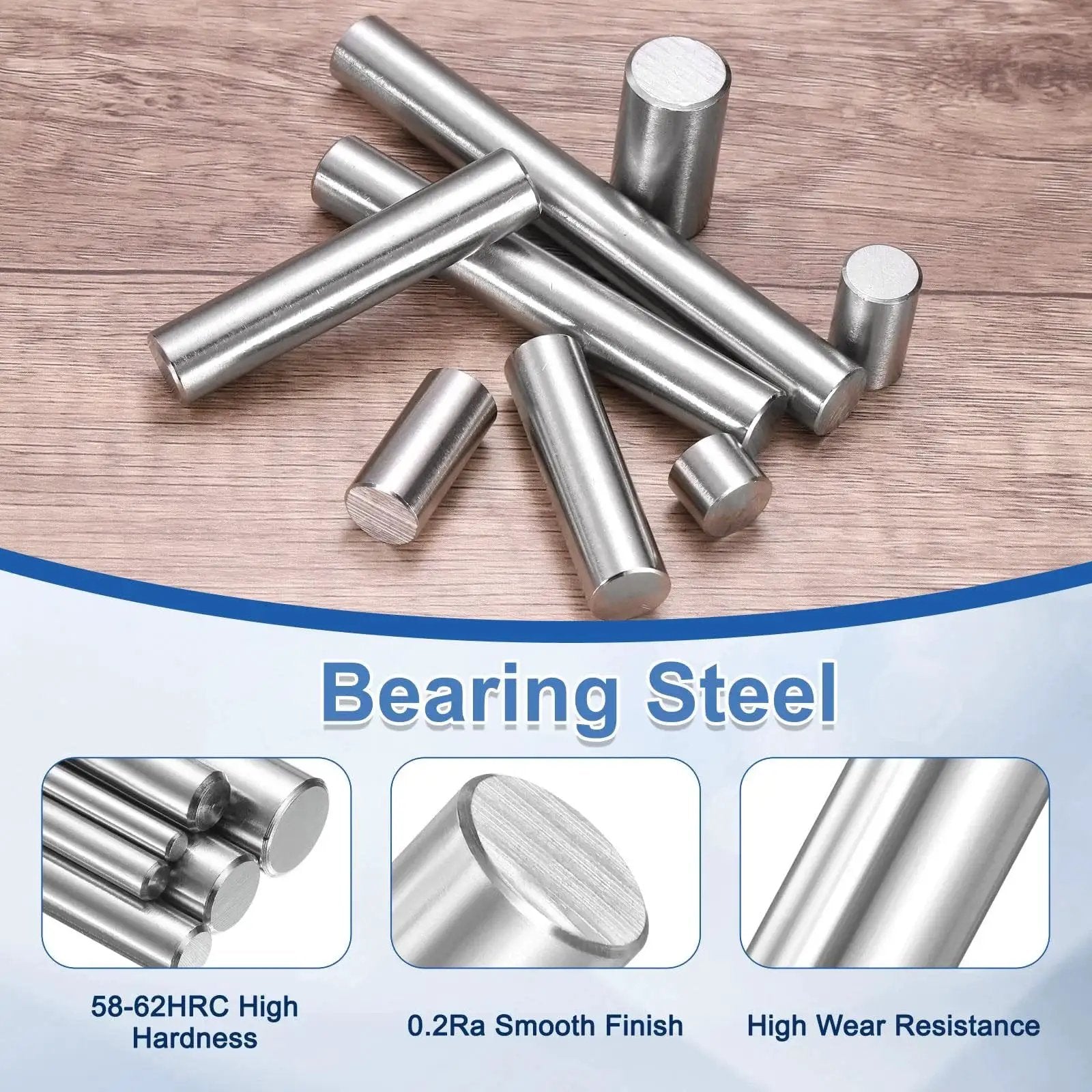 Heavy Duty 100 Piece 3mm By 11mm Steel Dowel Pins Set For Shelf Support And Cabinet Hardware with silver tone finish on wood surface