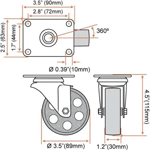 Technical diagram of 4 Pack Heavy Duty Large Steel Swivel Caster Wheels 3.5 Inch showing dimensions and 360-degree rotation