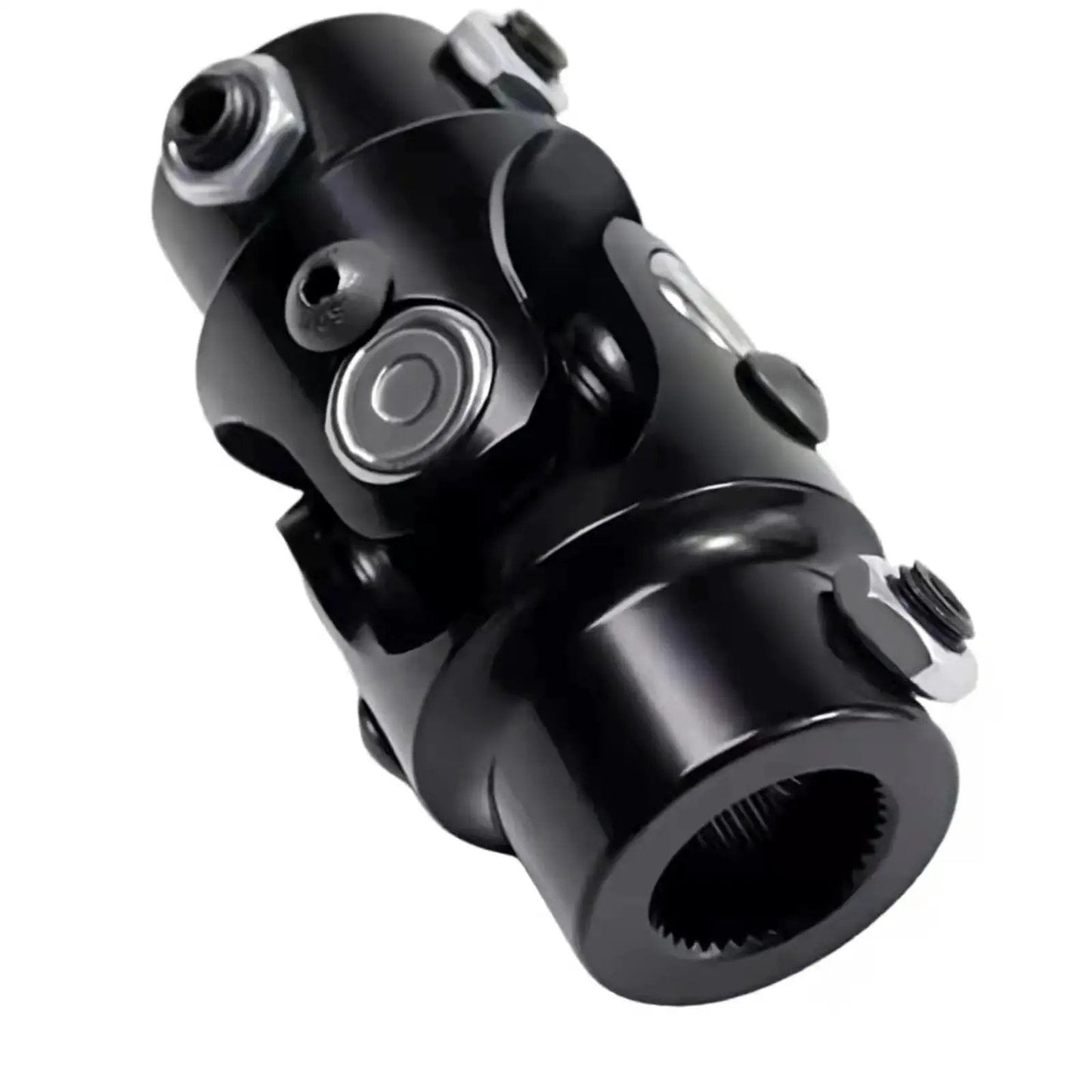 Close-up of the Beefed Up Heavy Duty Steering Shaft Universal U Joint Coupler in black 40Cr steel, 3/4 inch DD spline, 83mm length.